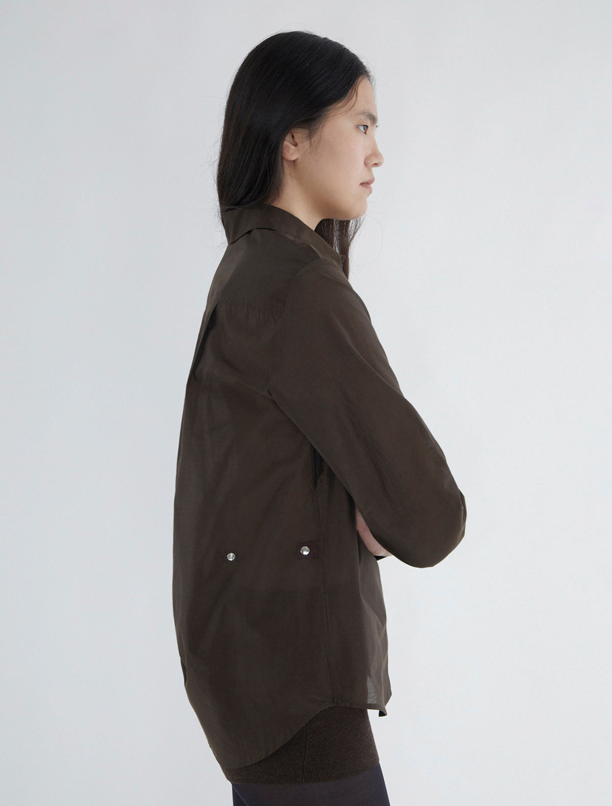 Ines cotton shirt ribbon tabs snap buttons brown