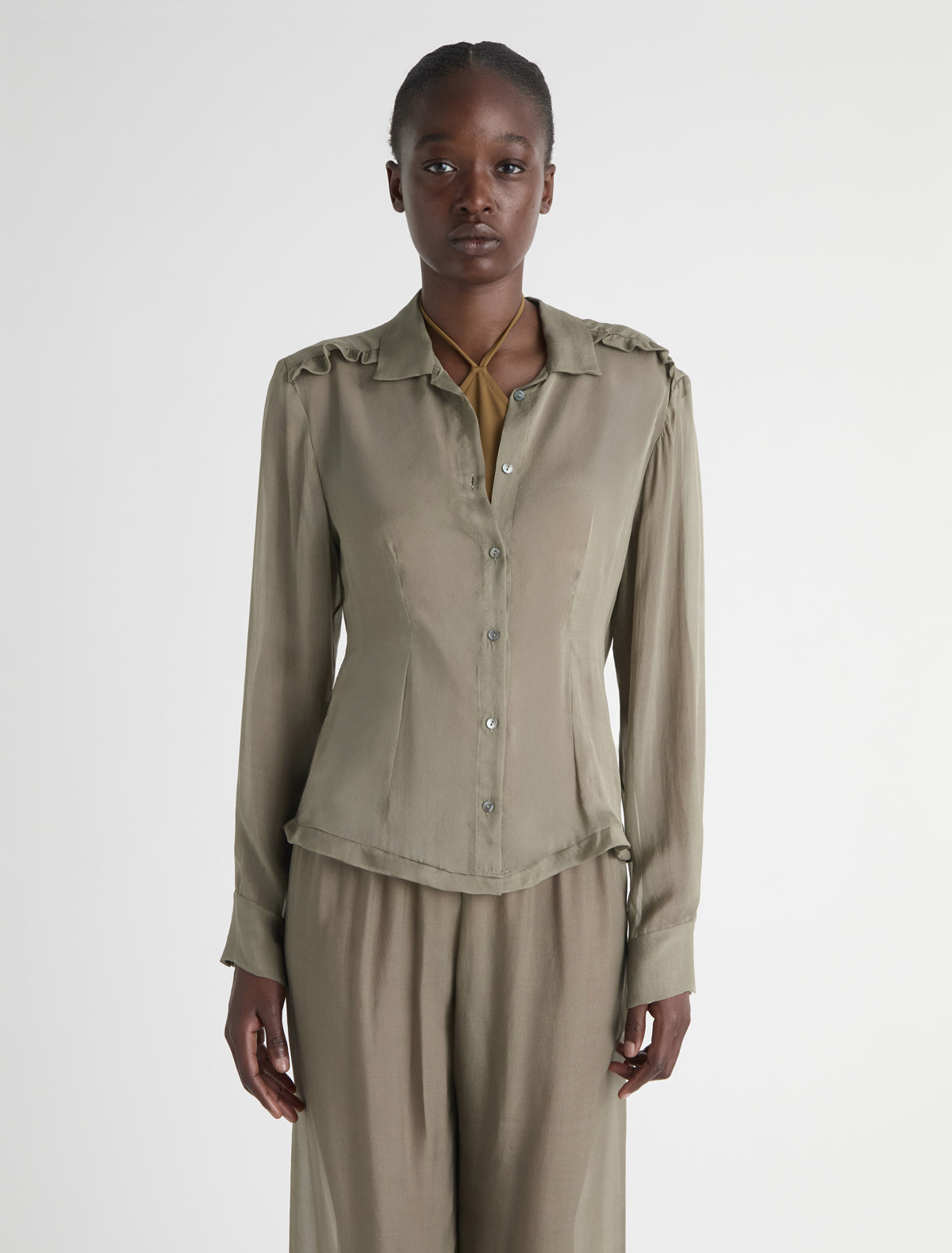 Eralda silk shirt mini ruffle detail khaki