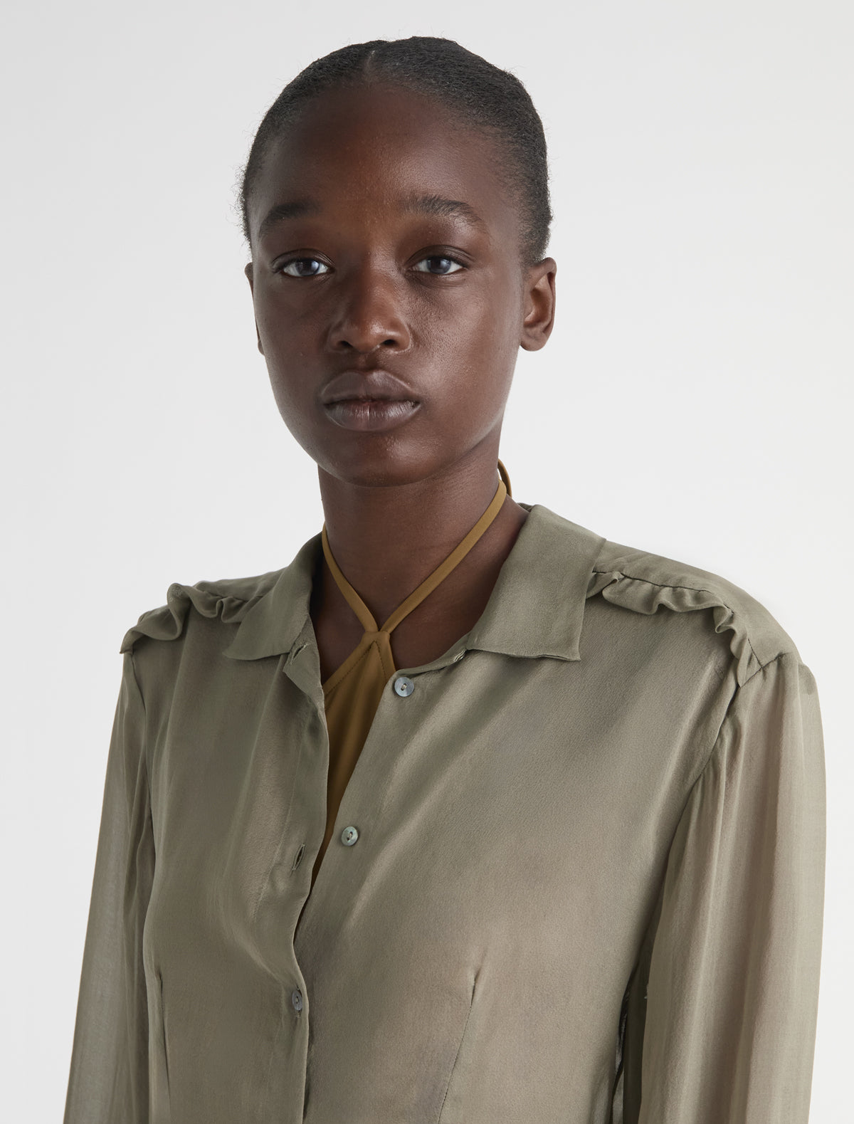 Eralda silk shirt mini ruffle detail khaki