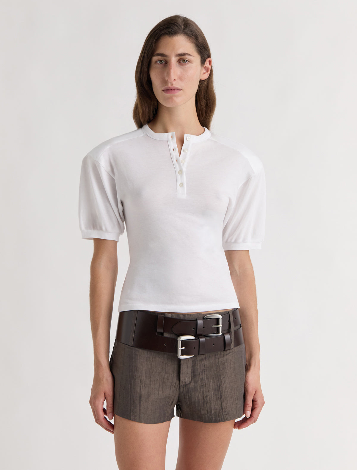 Renfo short sleeved top henley neckline raglan sleeves removable shoulder pads white