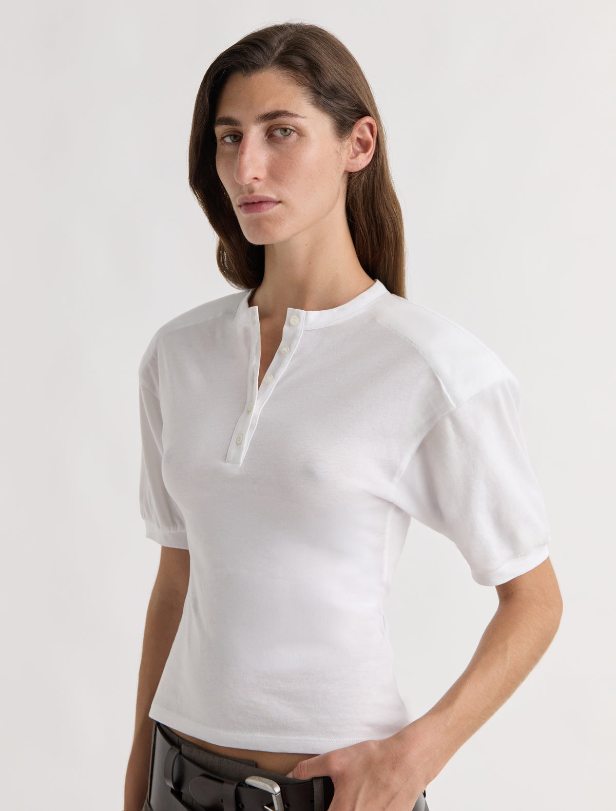Renfo short sleeved top henley neckline raglan sleeves removable shoulder pads white