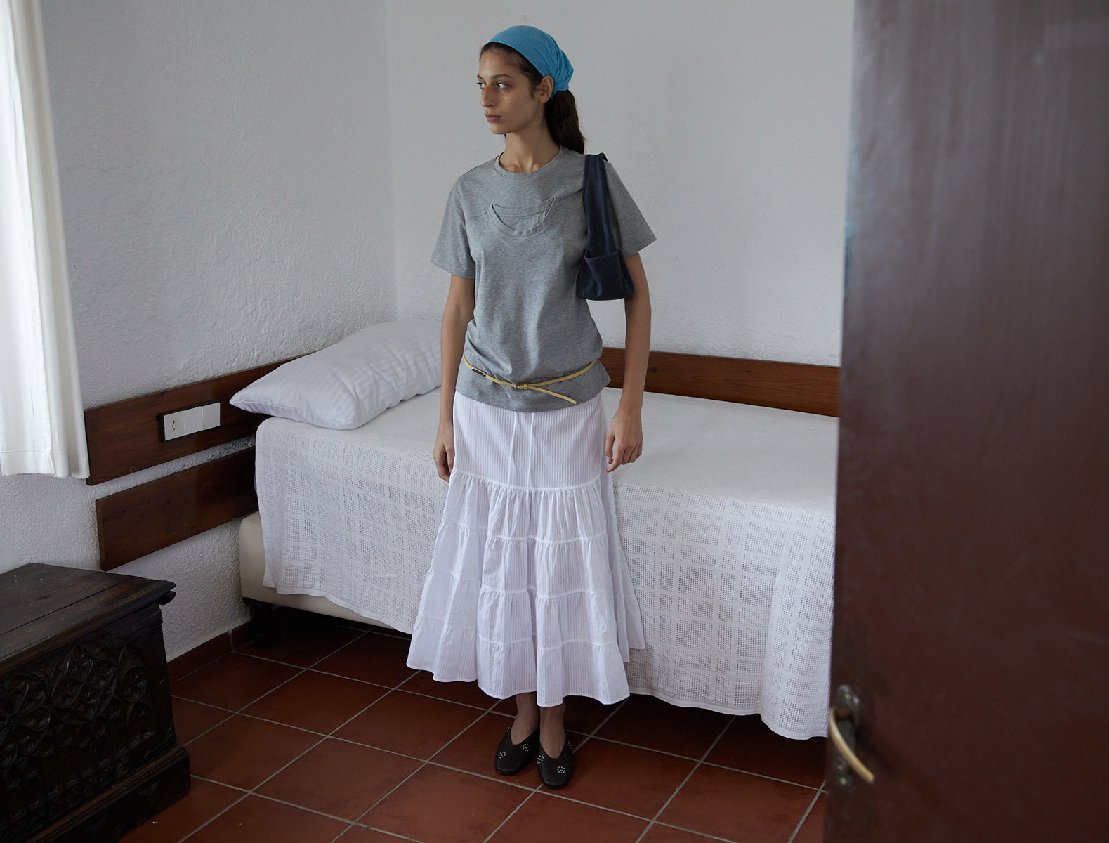 Long etoile ankle length textured striped cotton skirt