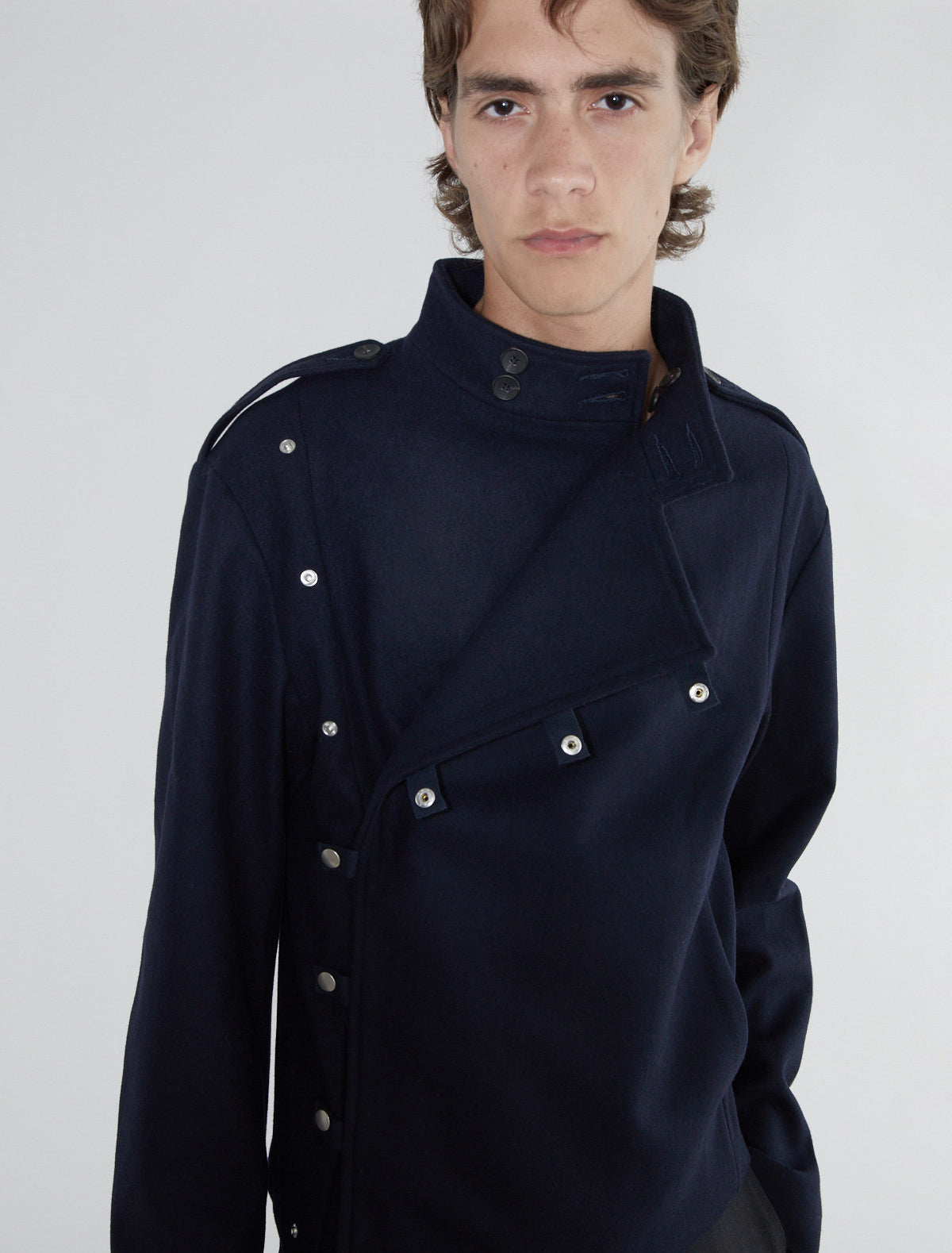 Galdana men wool jacket front crossover snap button tabs