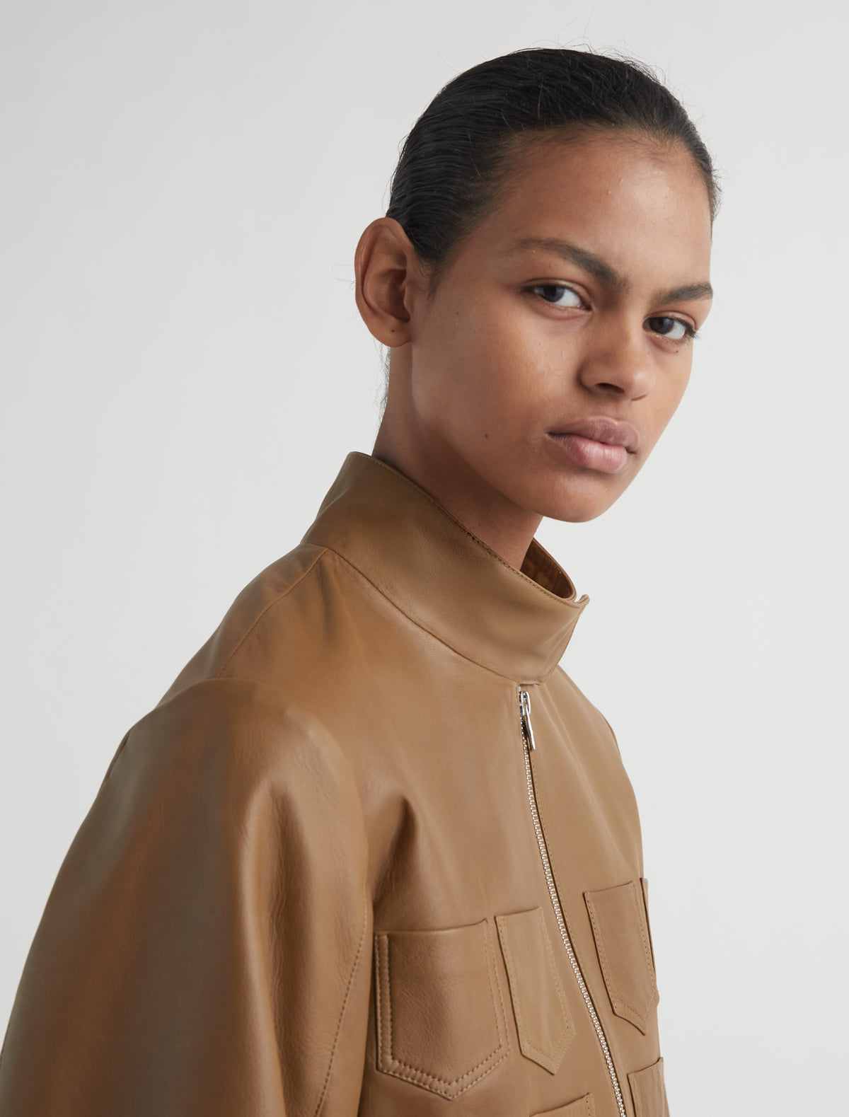 Aline cropped leather jacket mini chest pockets