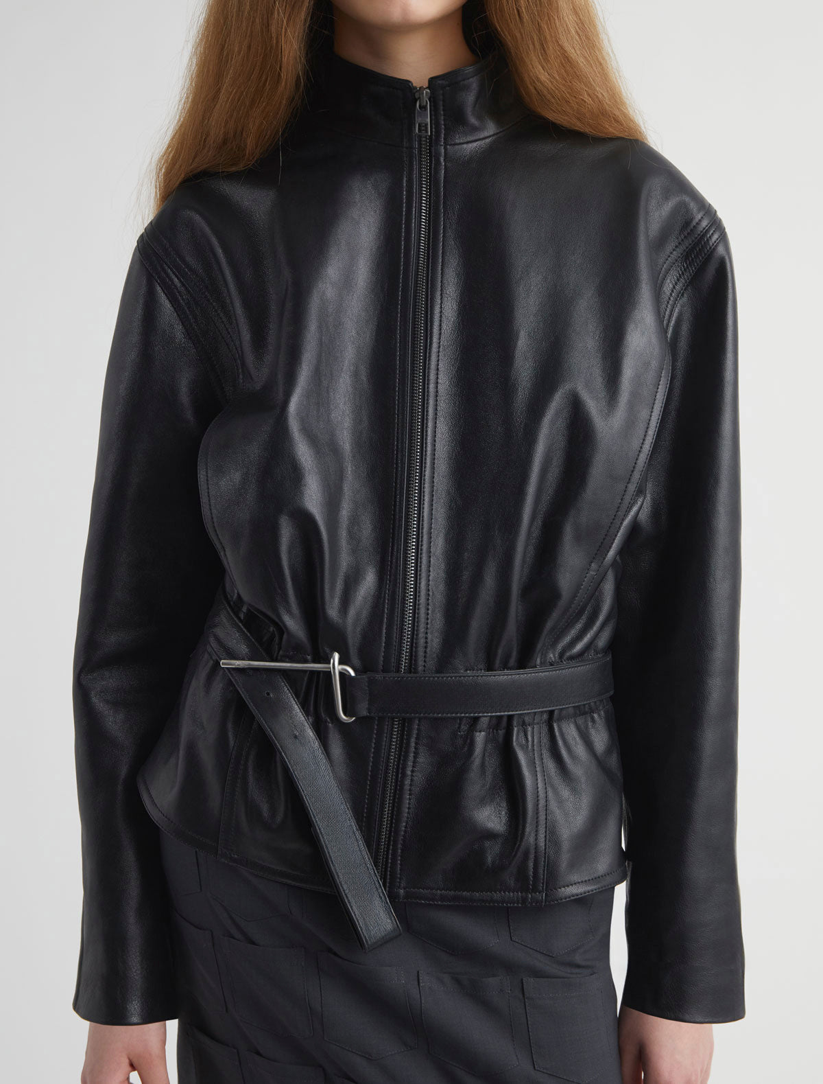 Five leather jacket integrated belt metal hook hardware grace prince