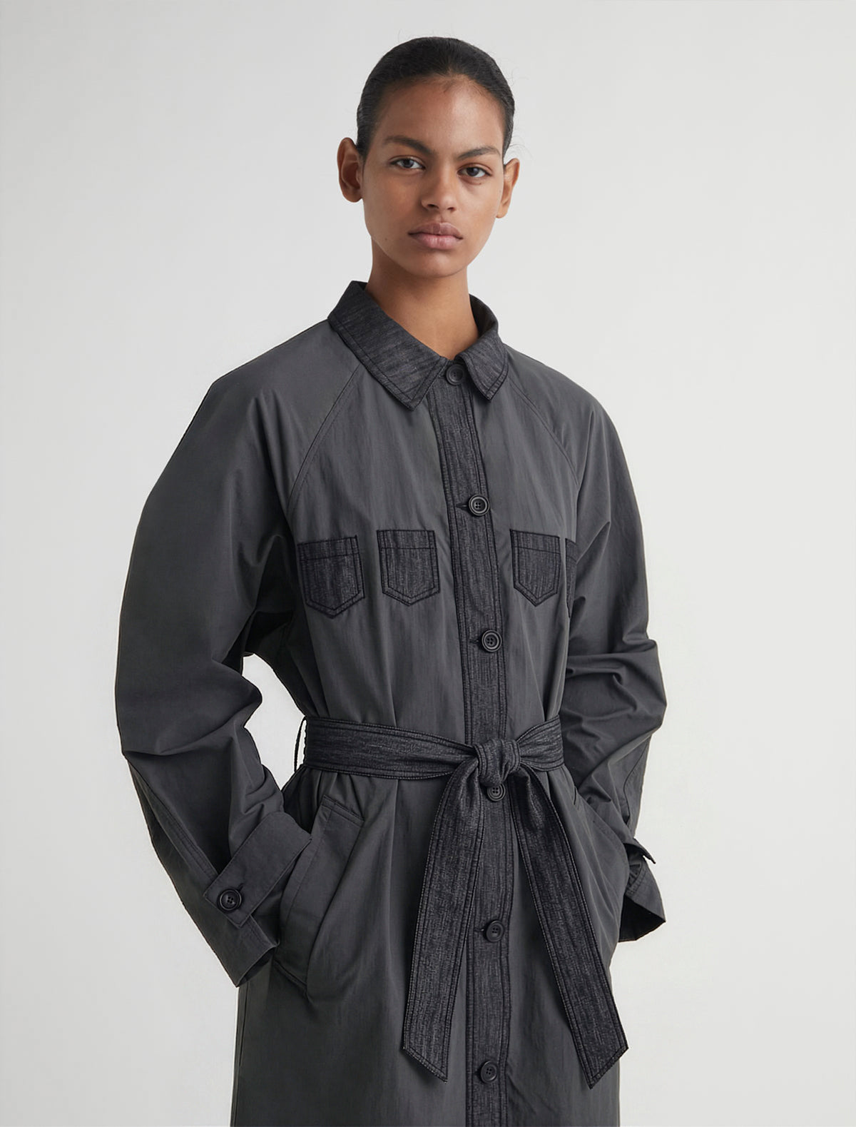 Holso trench style jacket denim details