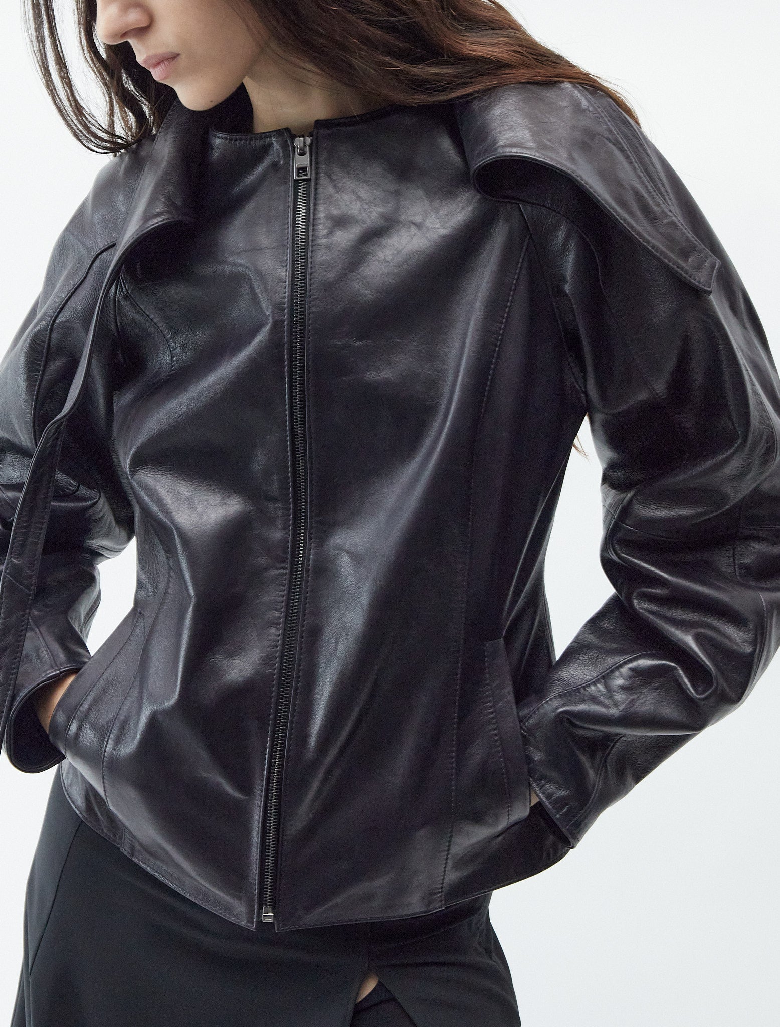 Plomy leather jacket crossover neckline metal buckle grey