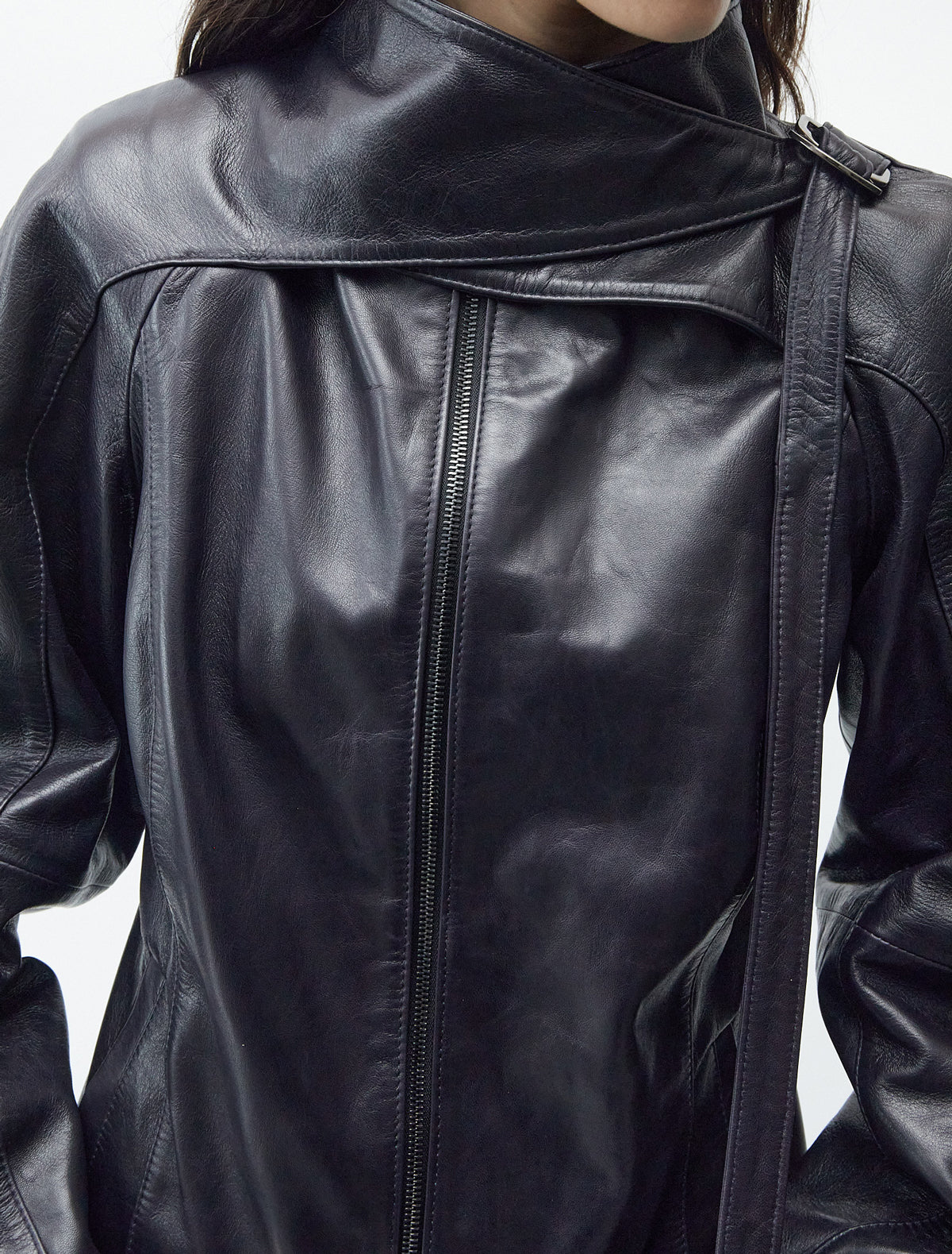 Plomy leather jacket crossover neckline metal buckle grey