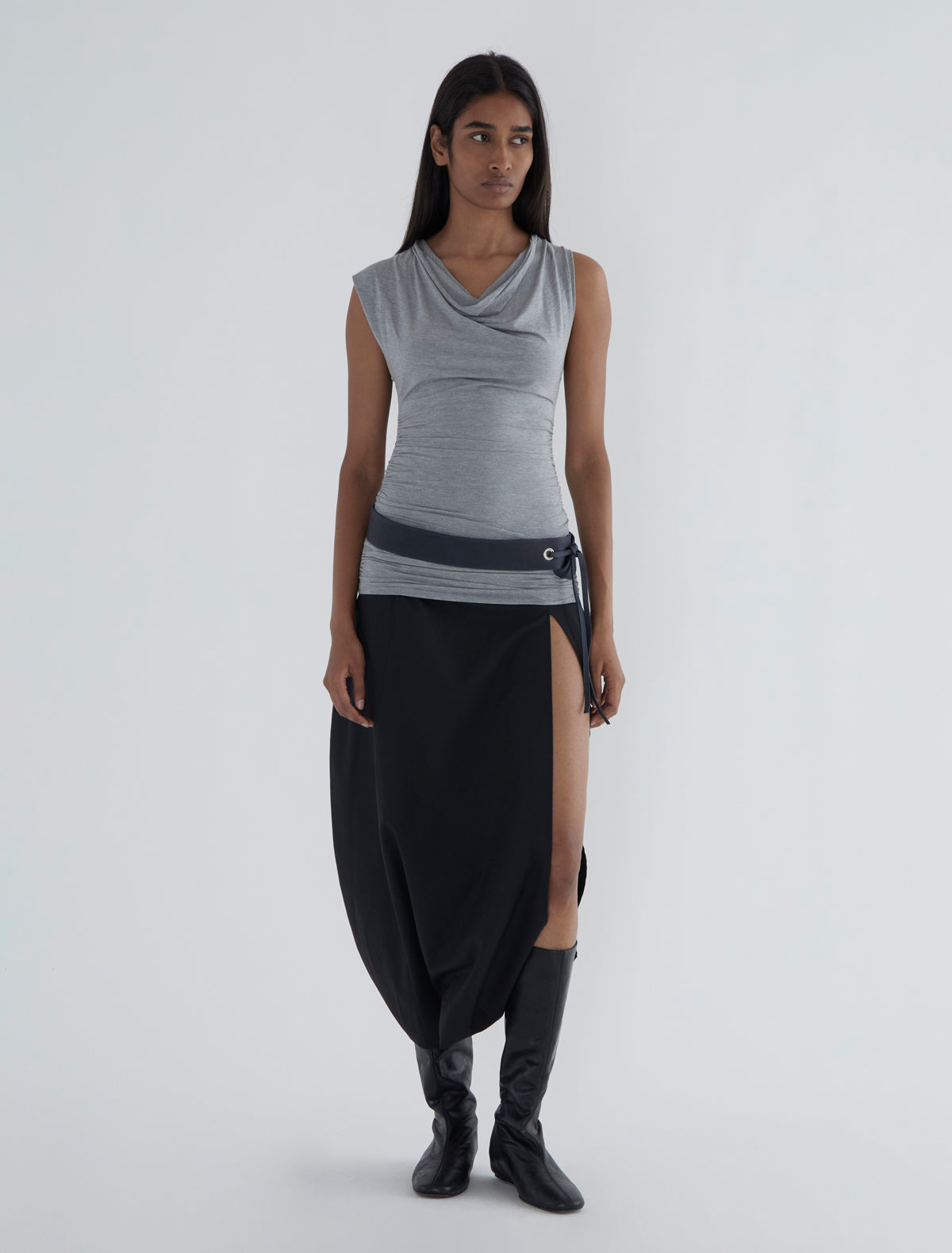 Trot unreinforced belt long leather straps eyelets navy