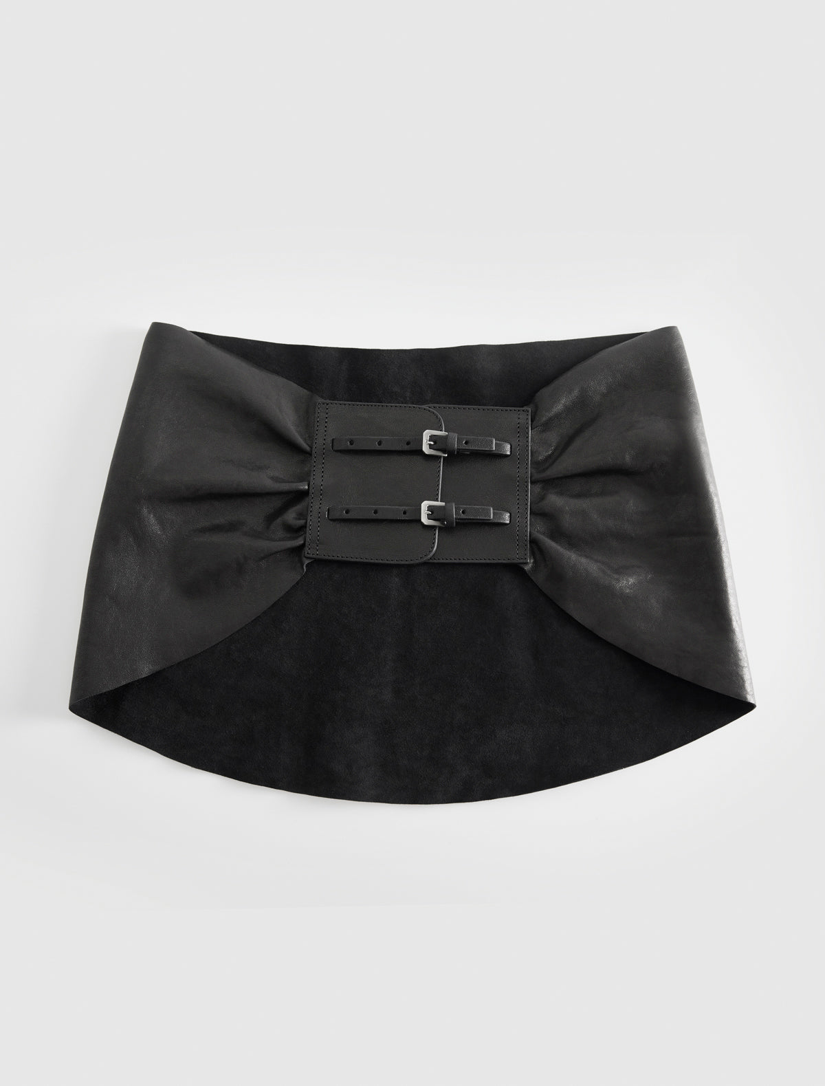 Adriana gathered leather sash double metal buckle closure black
