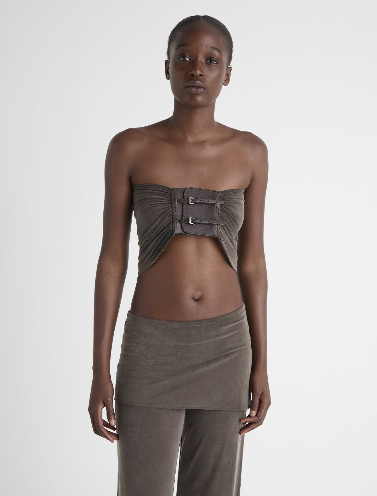 Adriana ii sash style belt gathered fabric panel leather part brown