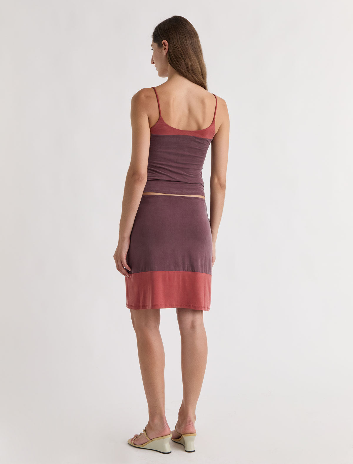 Mika cupro pencil skirt contrasting panel bottom aubergine