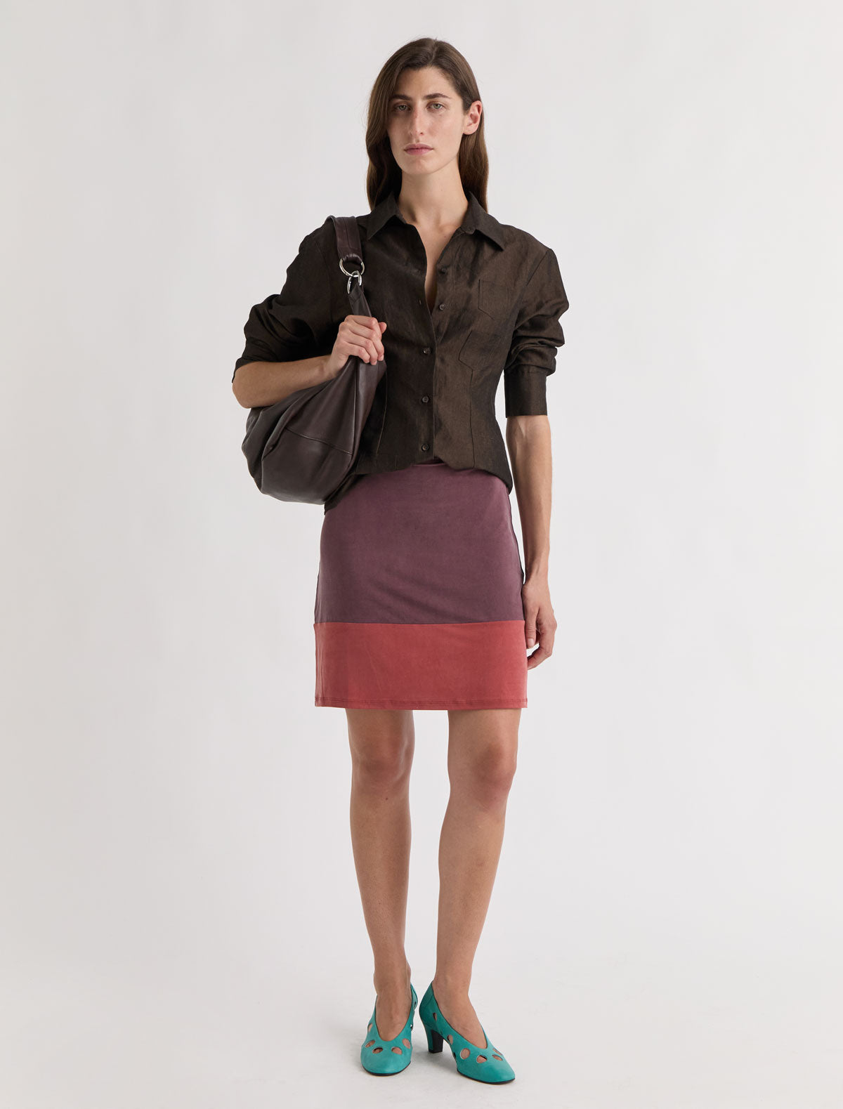 Mika cupro pencil skirt contrasting panel bottom aubergine
