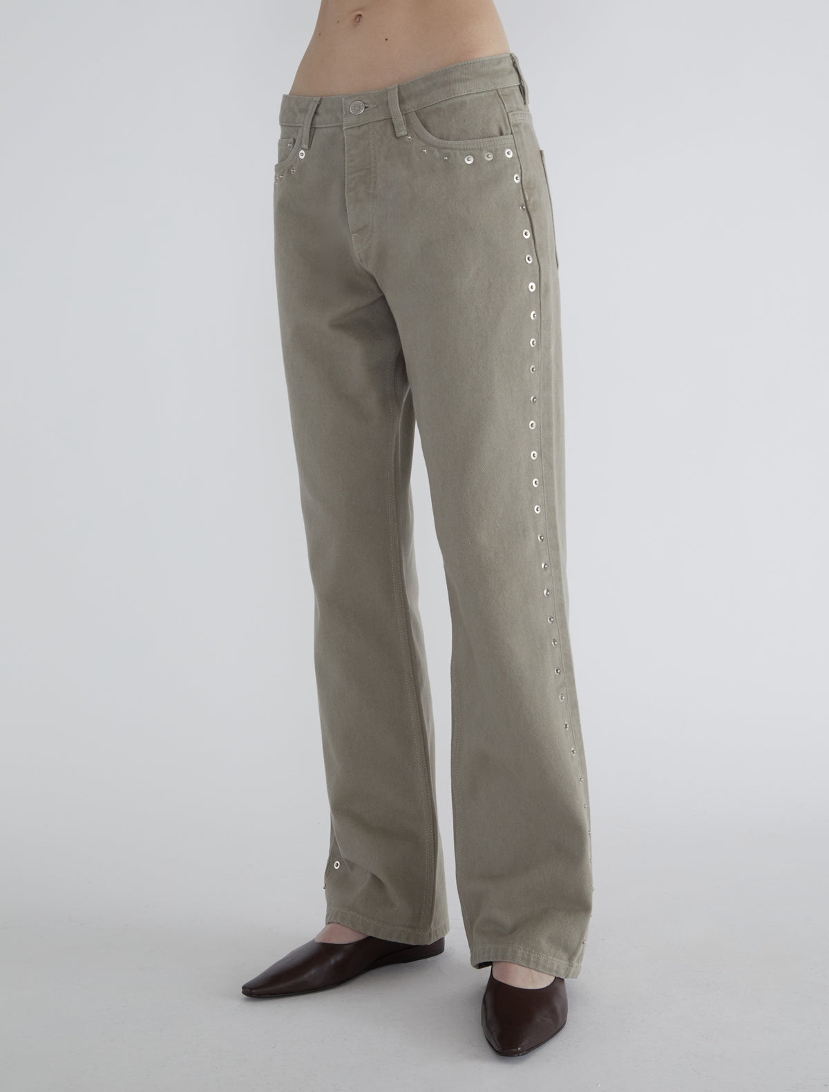 Crowd low waist pants metal detail seams grey