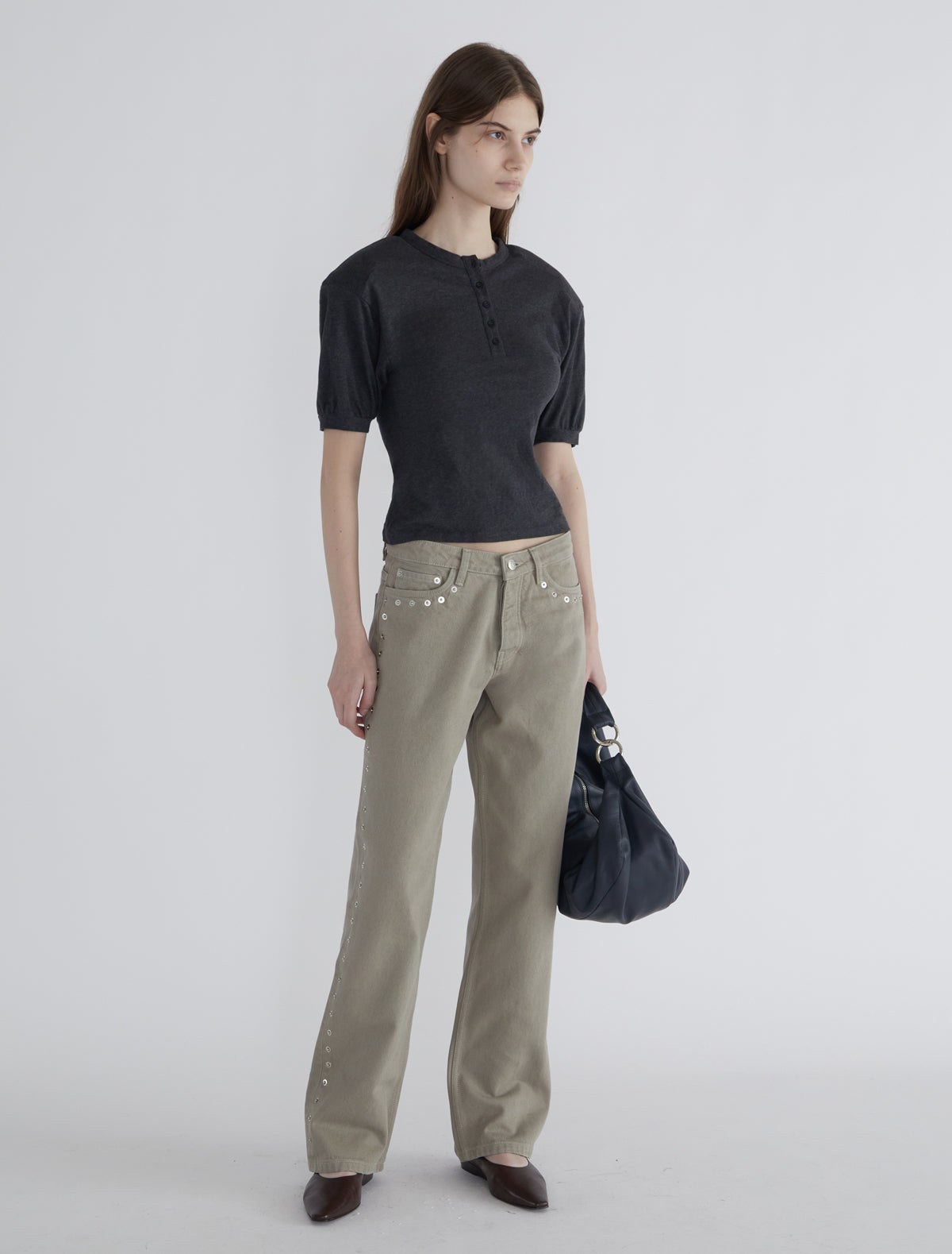 Crowd low waist pants metal detail seams grey