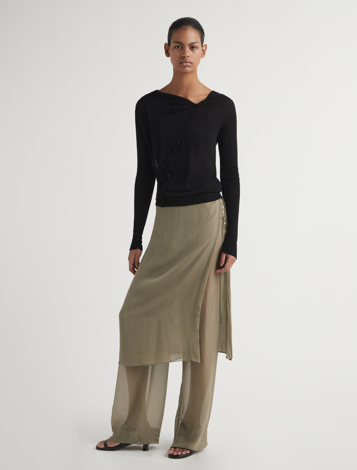 Silk low archive silk straight leg pants overlaping fixed skirt khaki