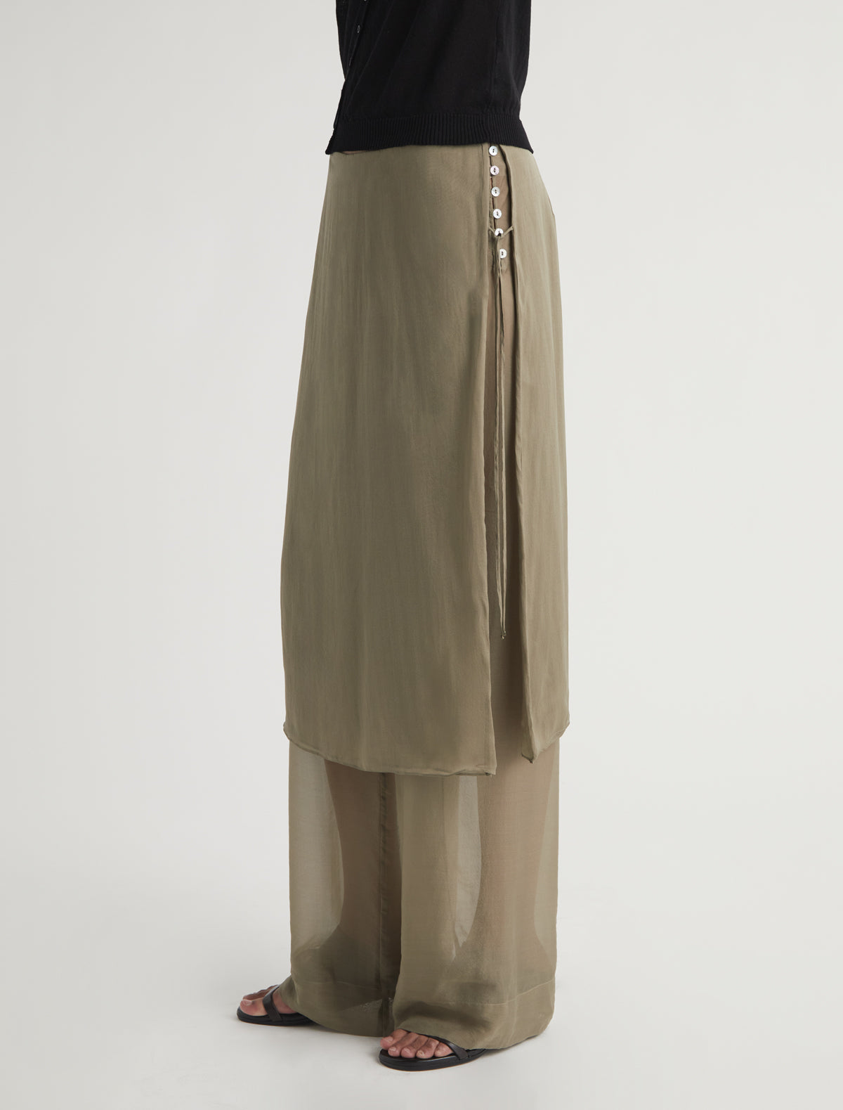 Silk low archive silk straight leg pants overlaping fixed skirt khaki
