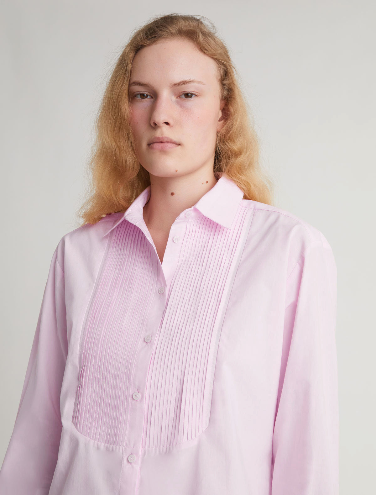 Paula cotton shirt pleated bib detail pink