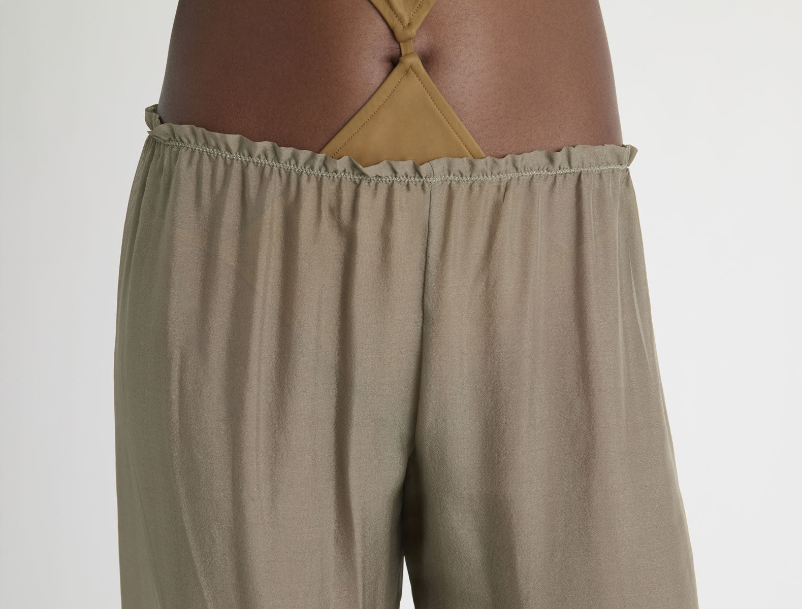 Short weza delicate sheer harem capri silk pants khaki