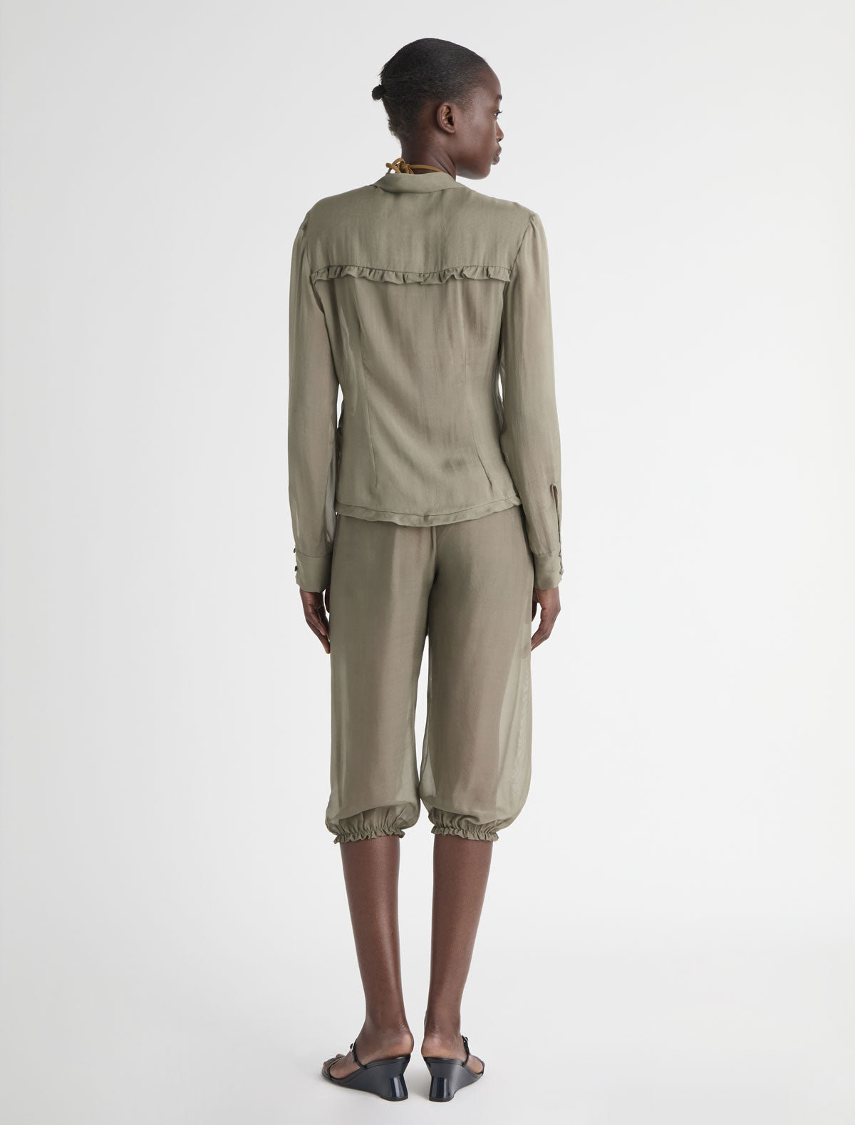 Eralda silk shirt mini ruffle detail khaki