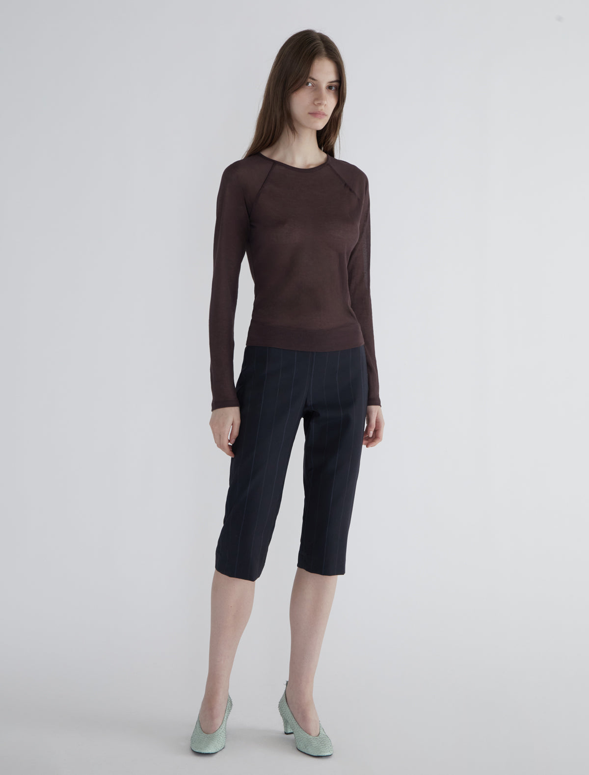 Hiro delicate sheer top raglan sleeves embroidery brown