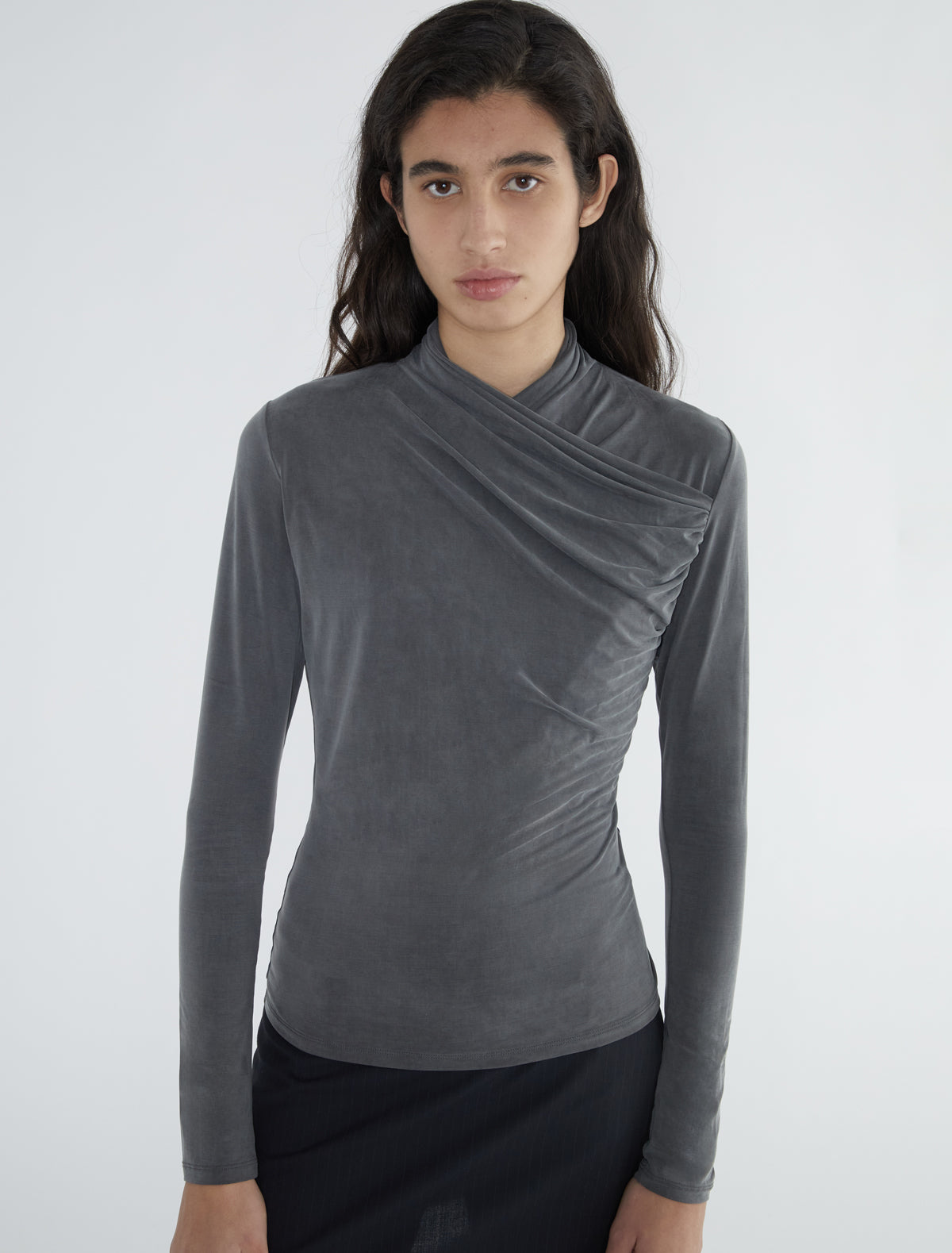 Long such long sleeved cupro top draped crossed neckline grey