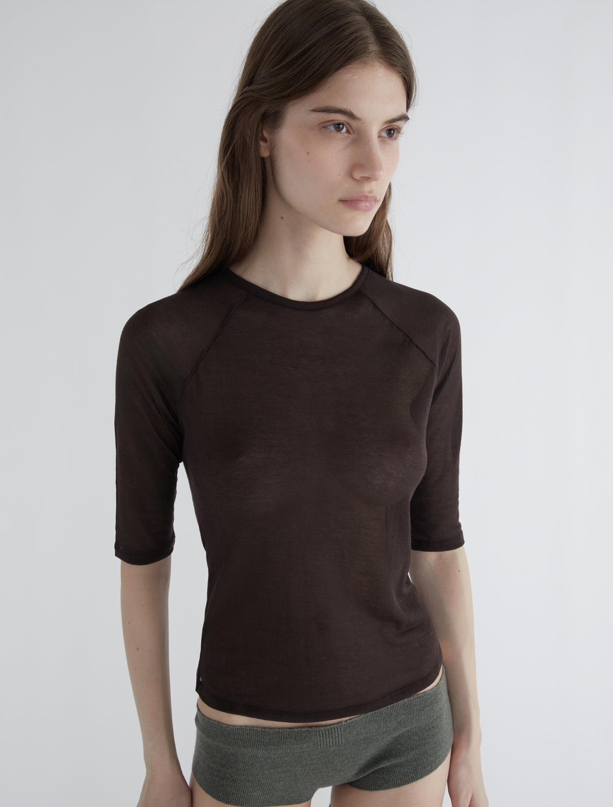 Pia elbow length top sheer fabric brown