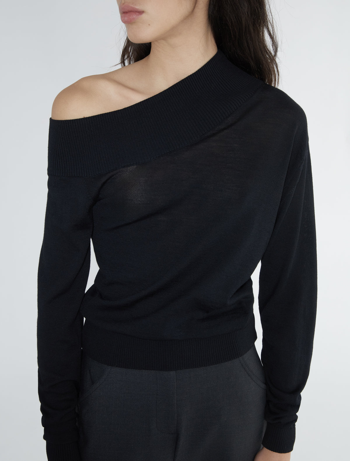 Soto asymmetrical knit sweater wide ribbed neckline black