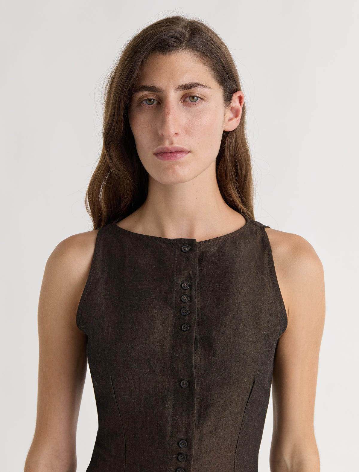 Sveless linen top front button opening brown