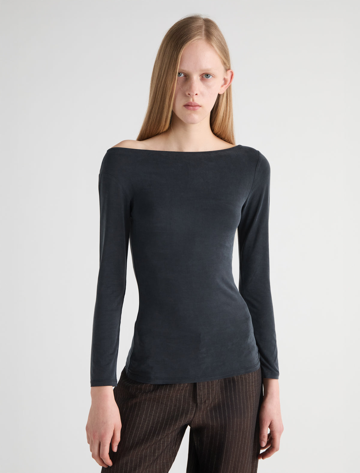 Beni fitted long sleeve cupro top asymmetrical neckline sropped shoulder black