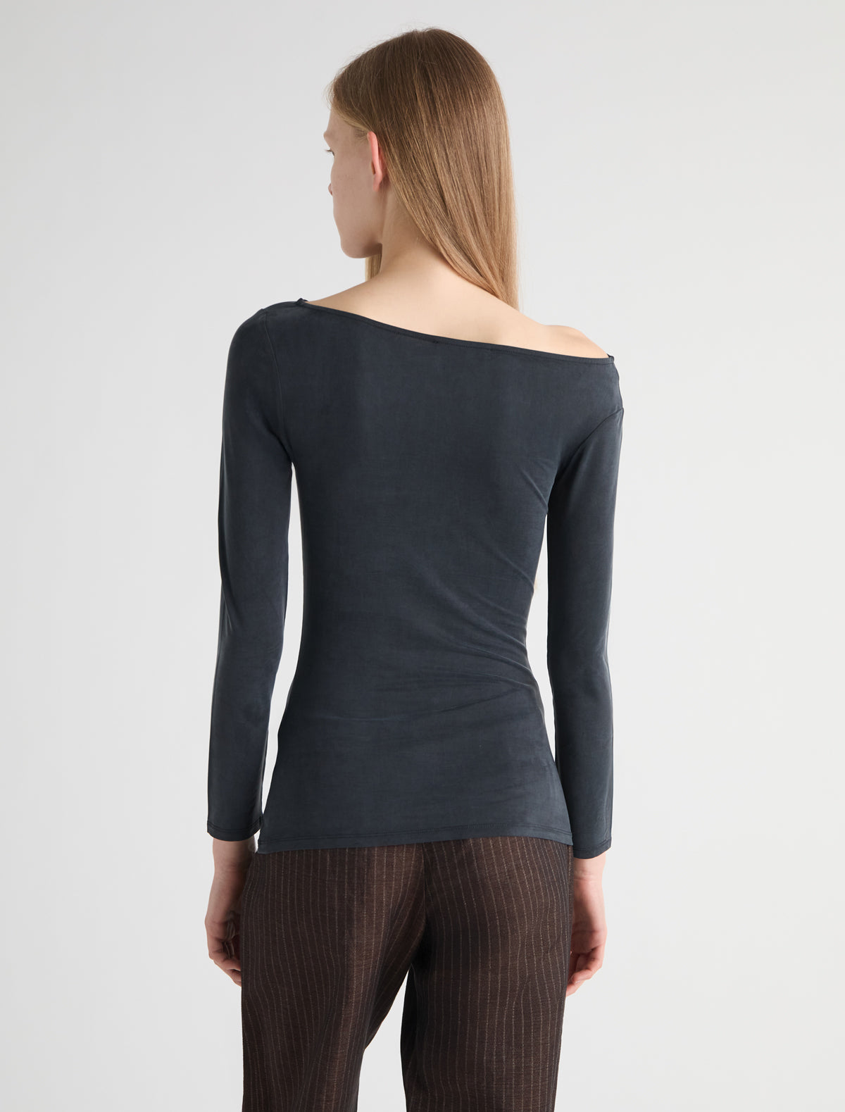 Beni fitted long sleeve cupro top asymmetrical neckline sropped shoulder black
