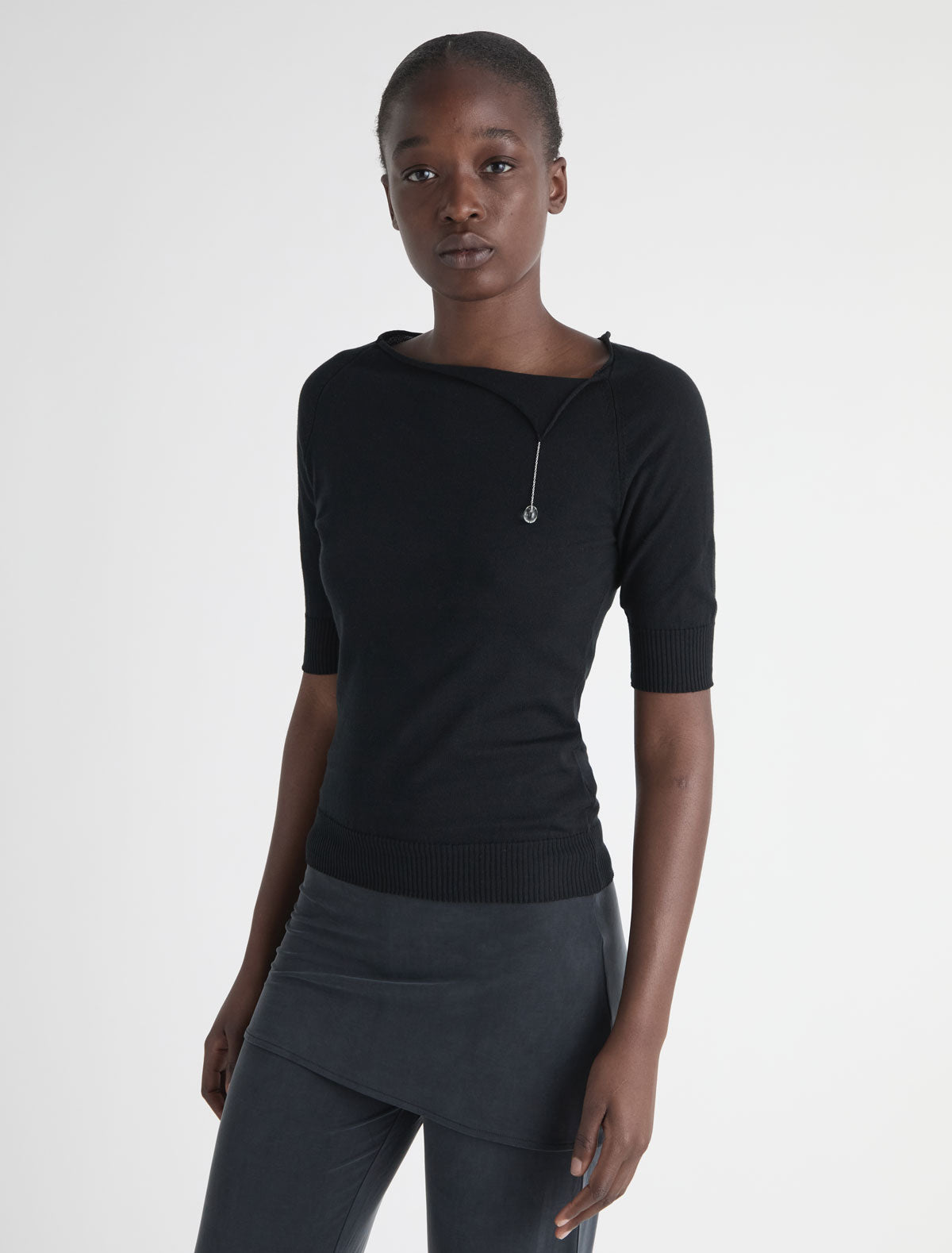 Cain short sleeve knit top handmade glass piece detail hanging chain