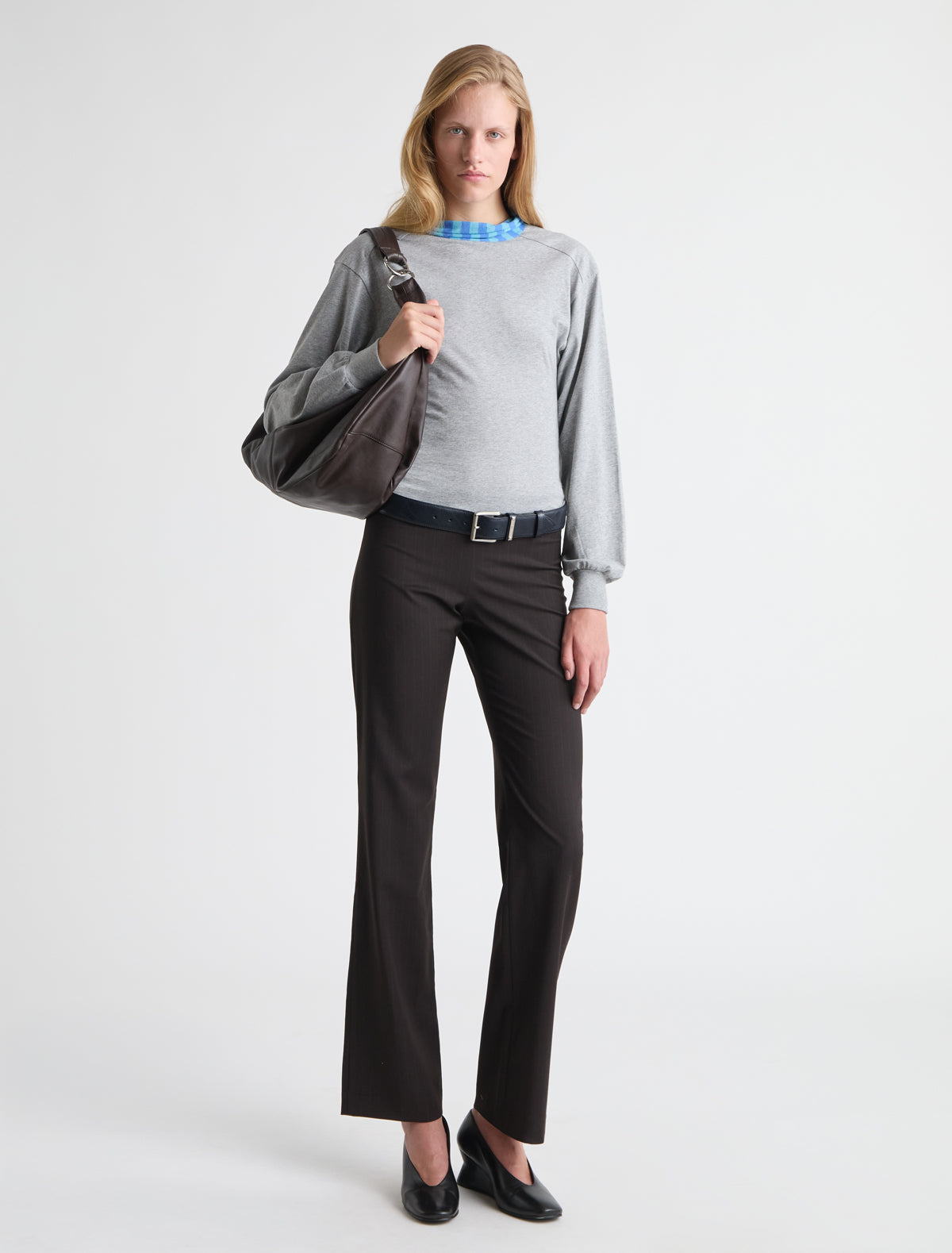 Cala long puffed sleeved top striped knitted collar
