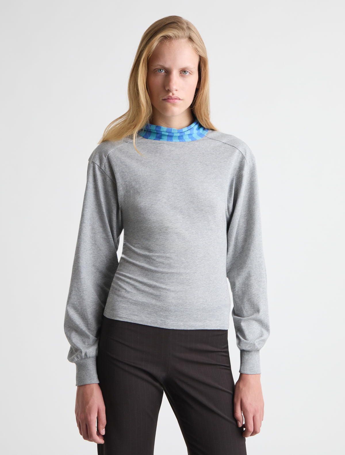 Cala long puffed sleeved top striped knitted collar