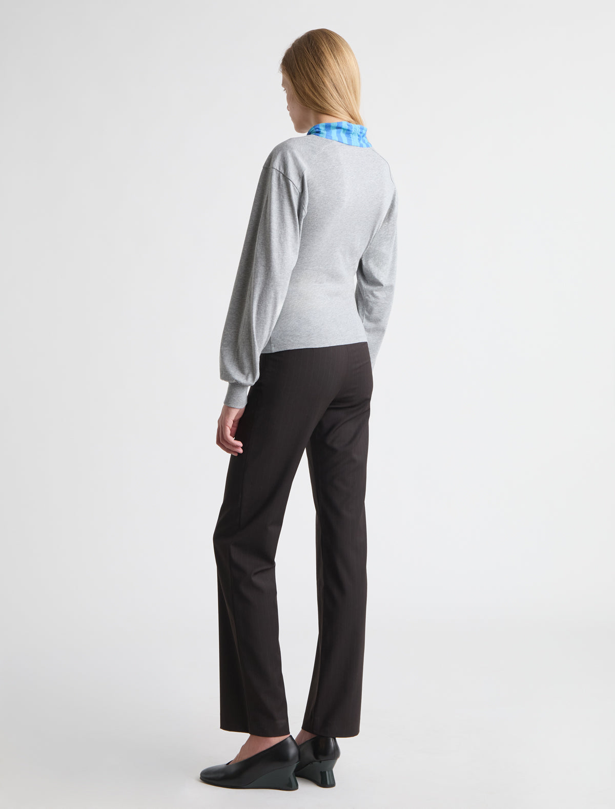 Cala long puffed sleeved top striped knitted collar