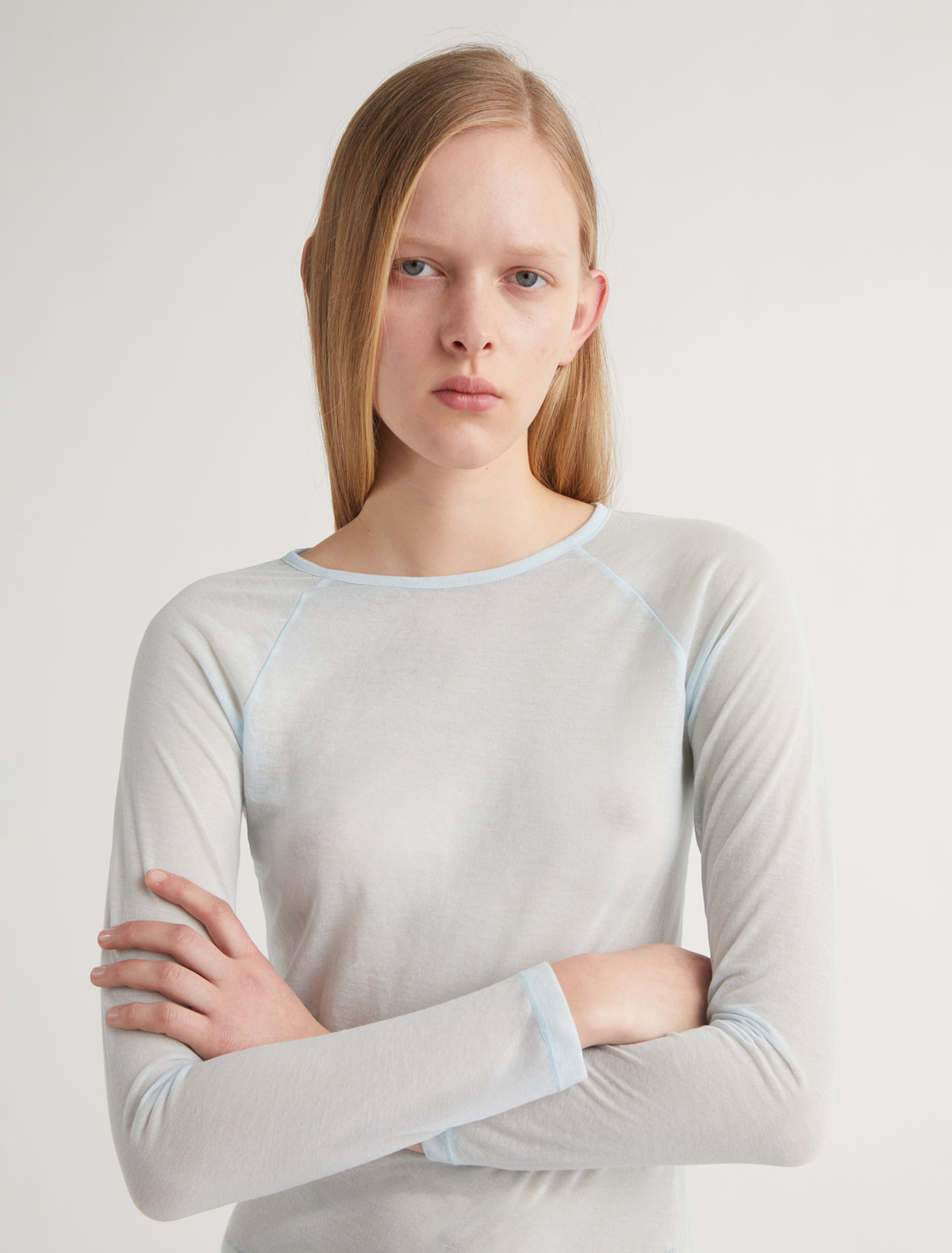 Hiro delicate sheer top raglan sleeves embroidery lightblue