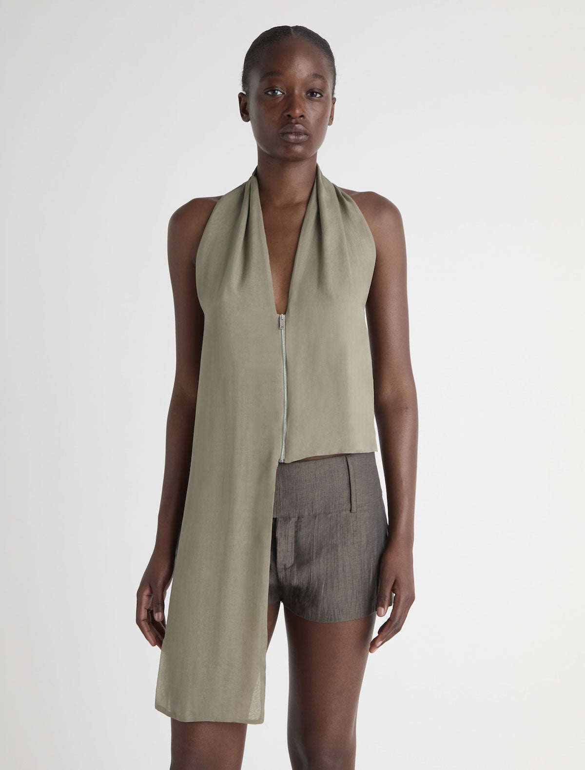 Jinno silk top double slider front zip closure khaki