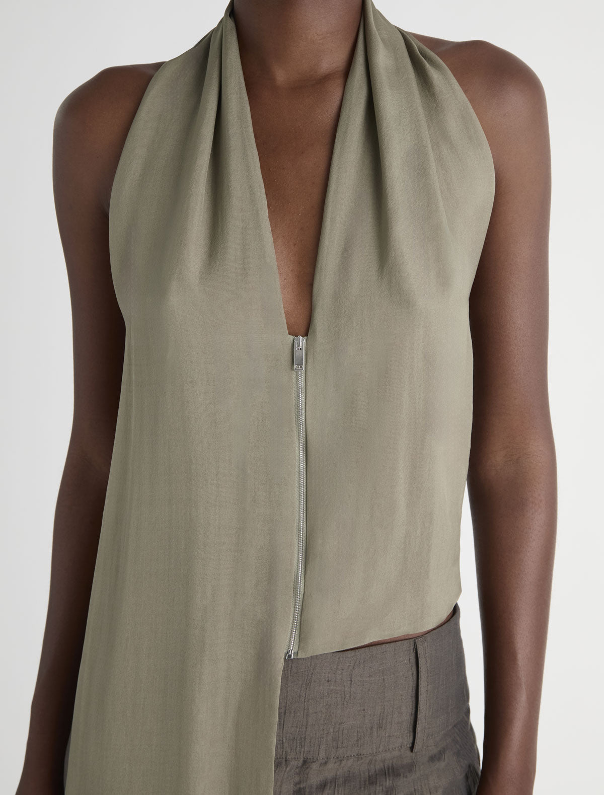 Jinno silk top double slider front zip closure khaki