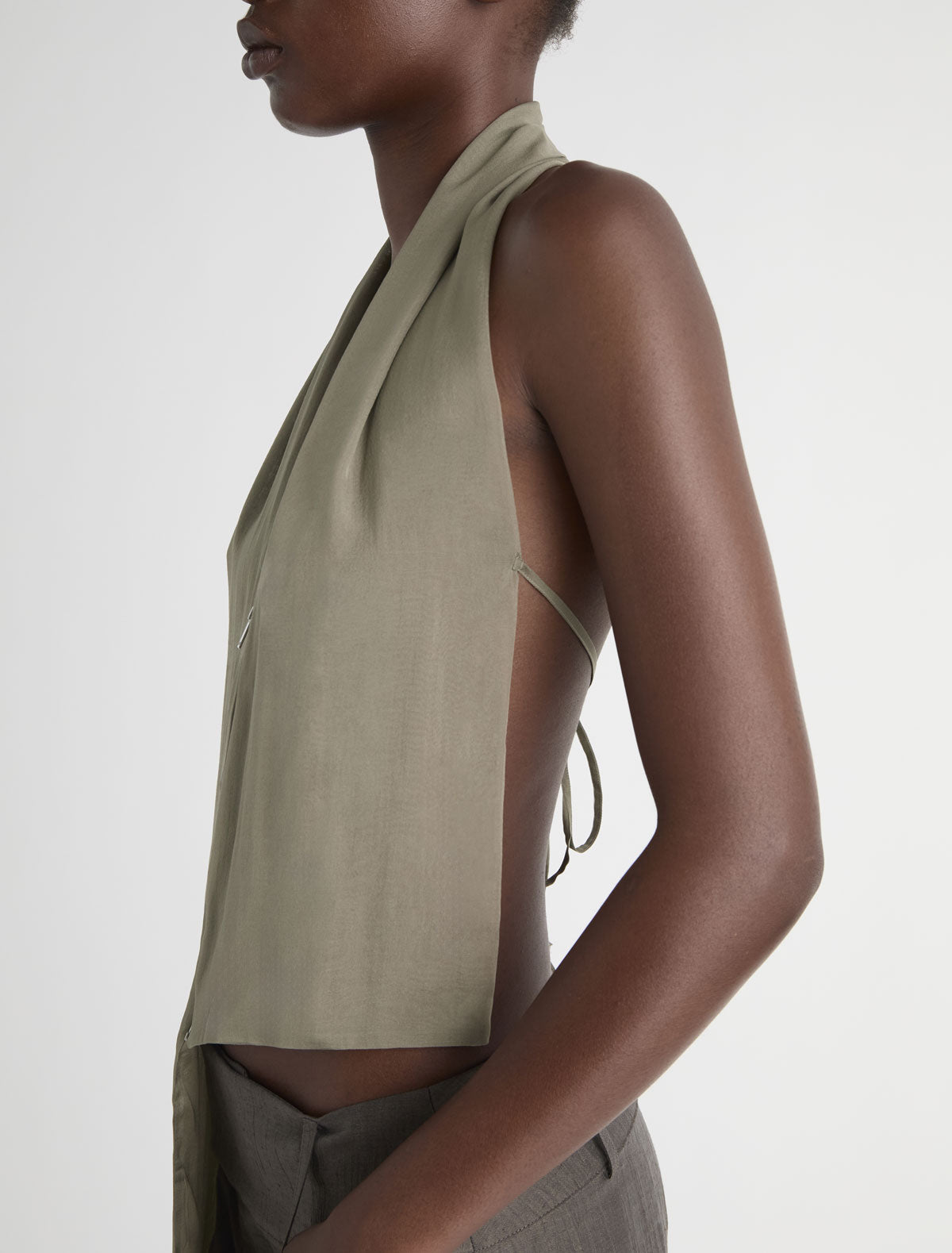 Jinno silk top double slider front zip closure khaki