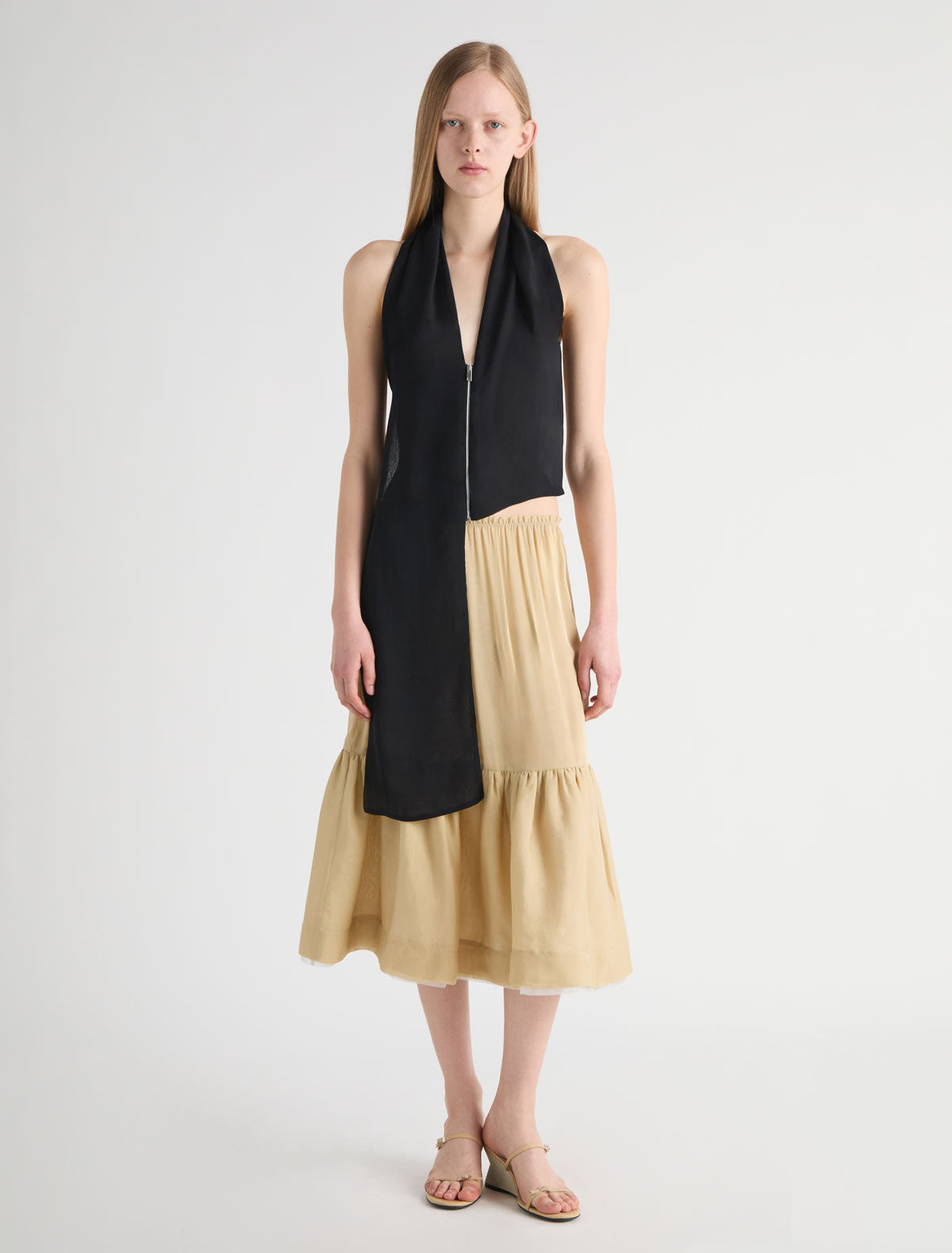 Jinno silk top double slider front zip closure black