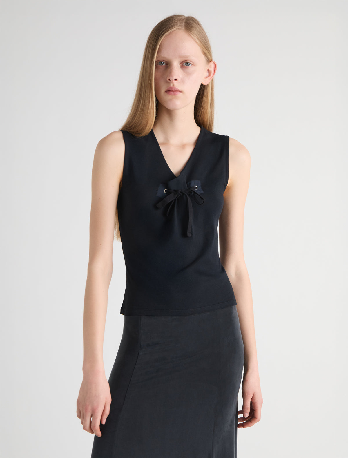 Manir sleeveless top chest patch eyelet adjustable strap black