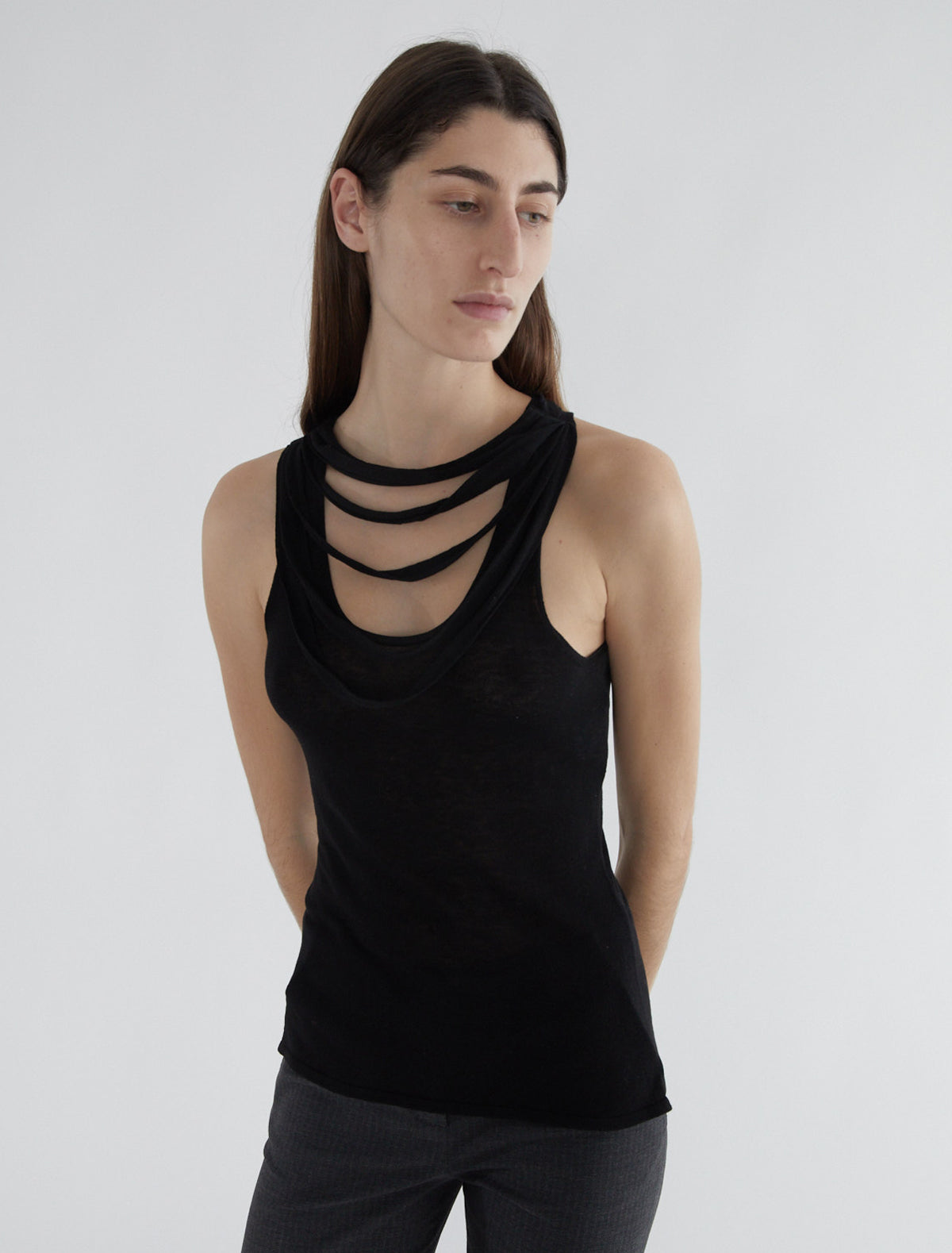 Oliveti top straps shoulders faux necklace black