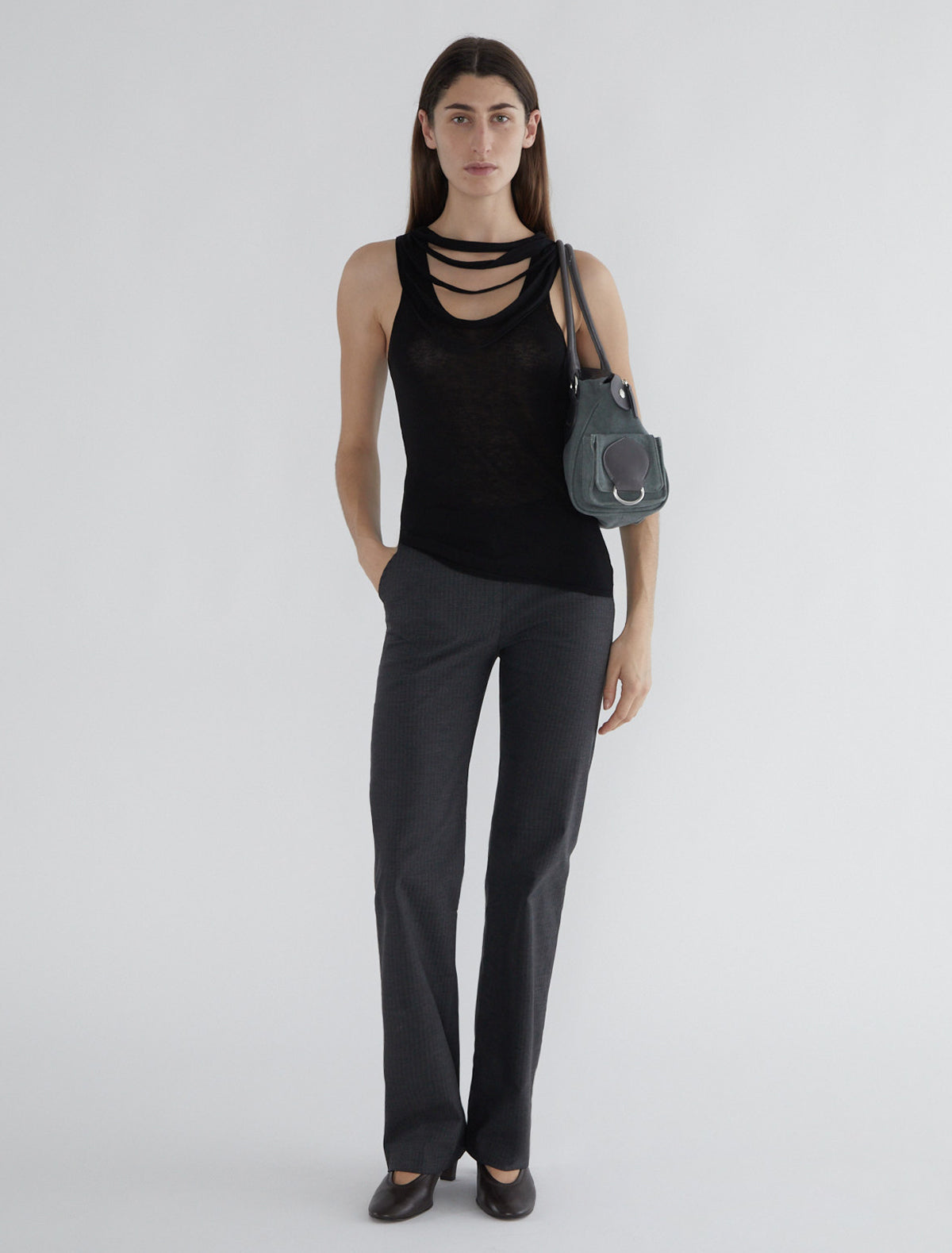 Oliveti top straps shoulders faux necklace black