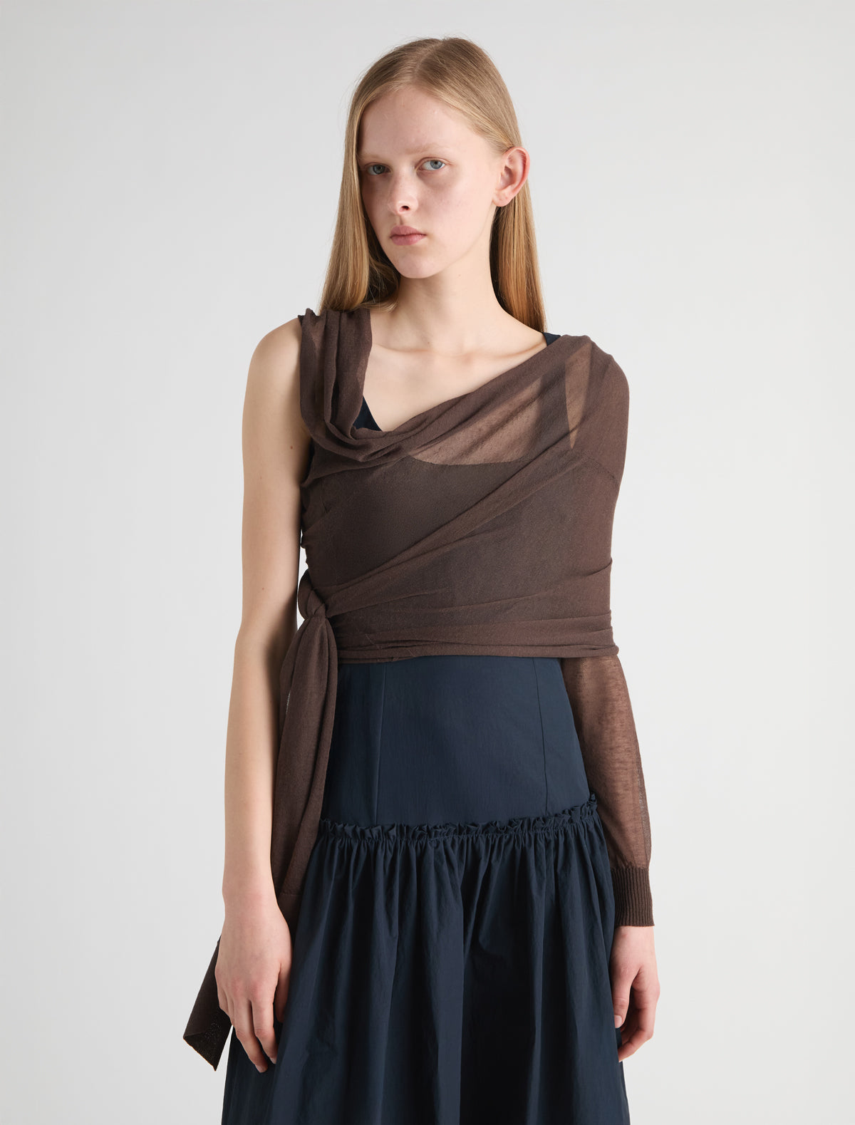 Samira wrap style knit top asymmetric design brown
