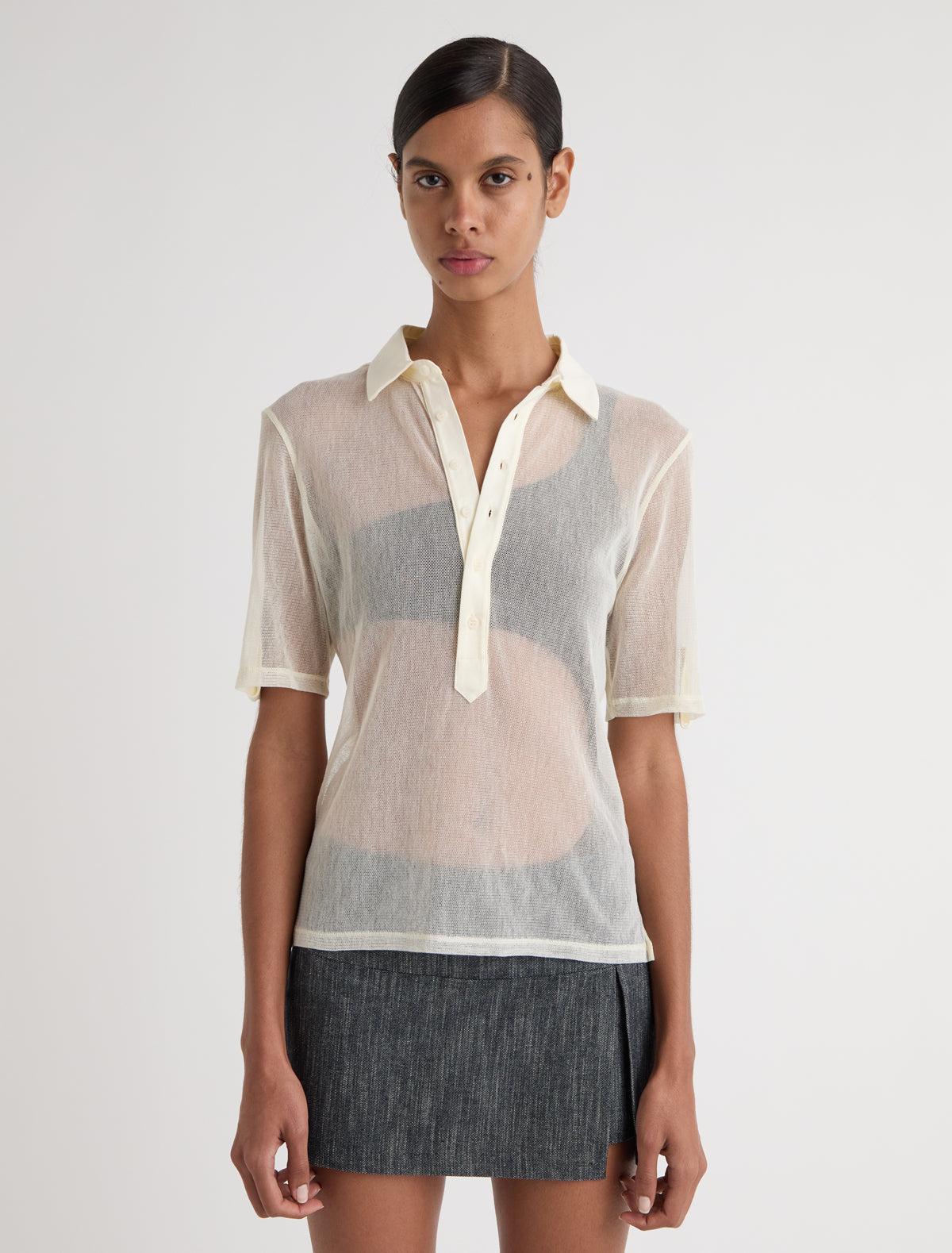 Sile tulle polo top cotton collar placket offwhite