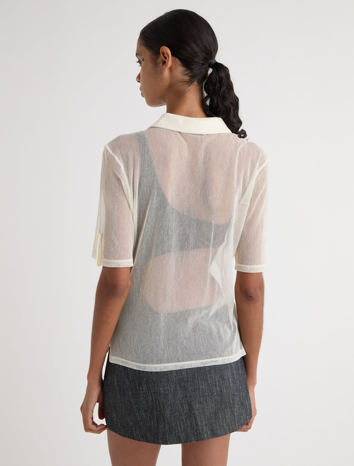 Sile tulle polo top cotton collar placket offwhite