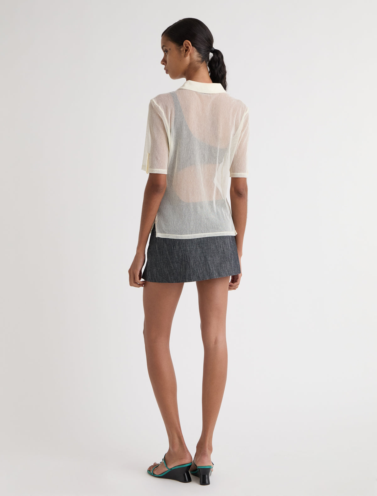 Sile tulle polo top cotton collar placket offwhite
