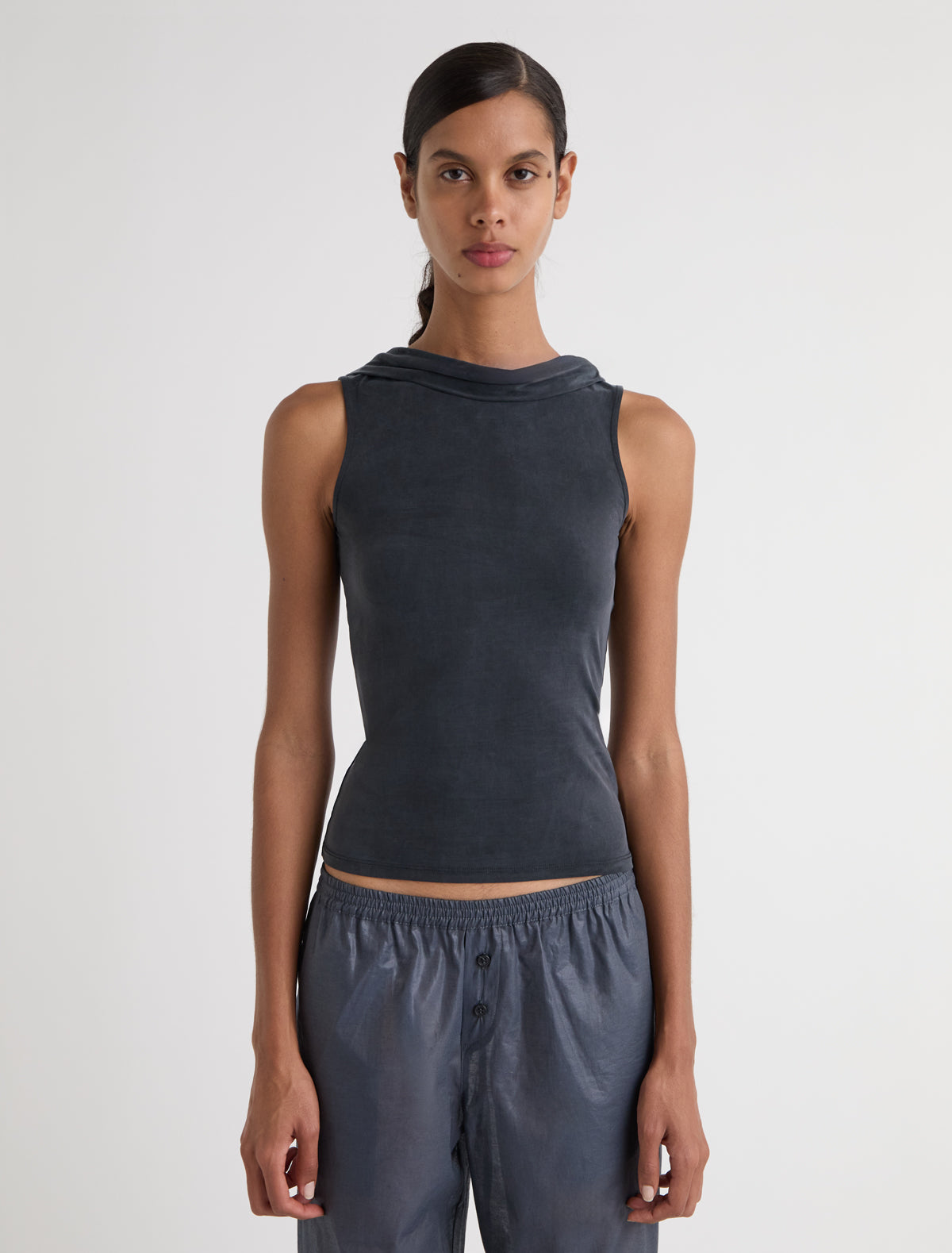 Taro cupro top open back draped piece black