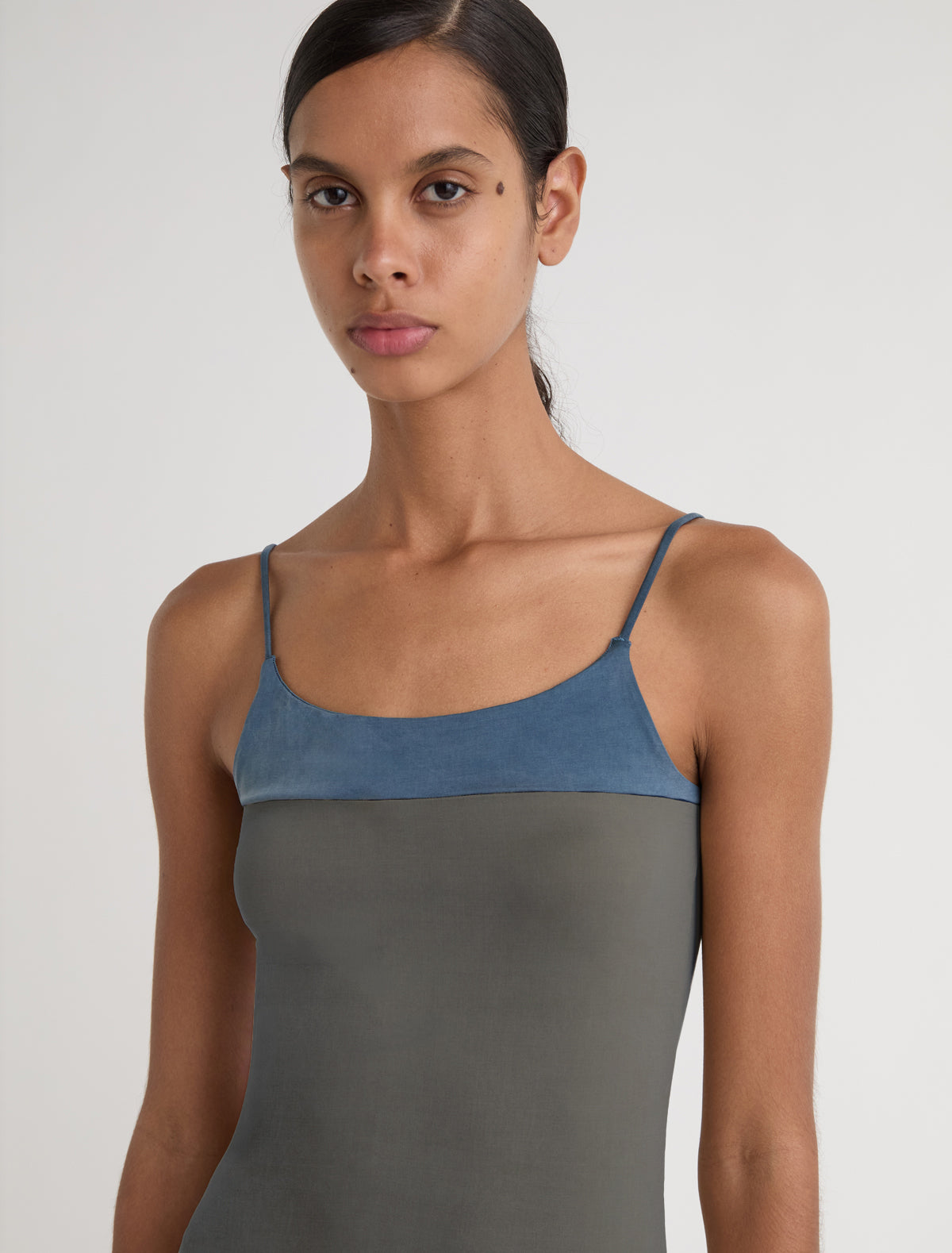 Zuno cupro strappy top contrasting panel chest khaki