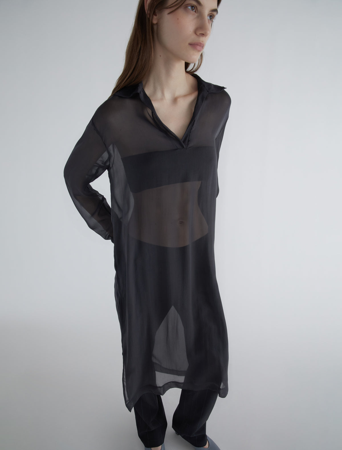 Sabre long silk tunic polo style collar